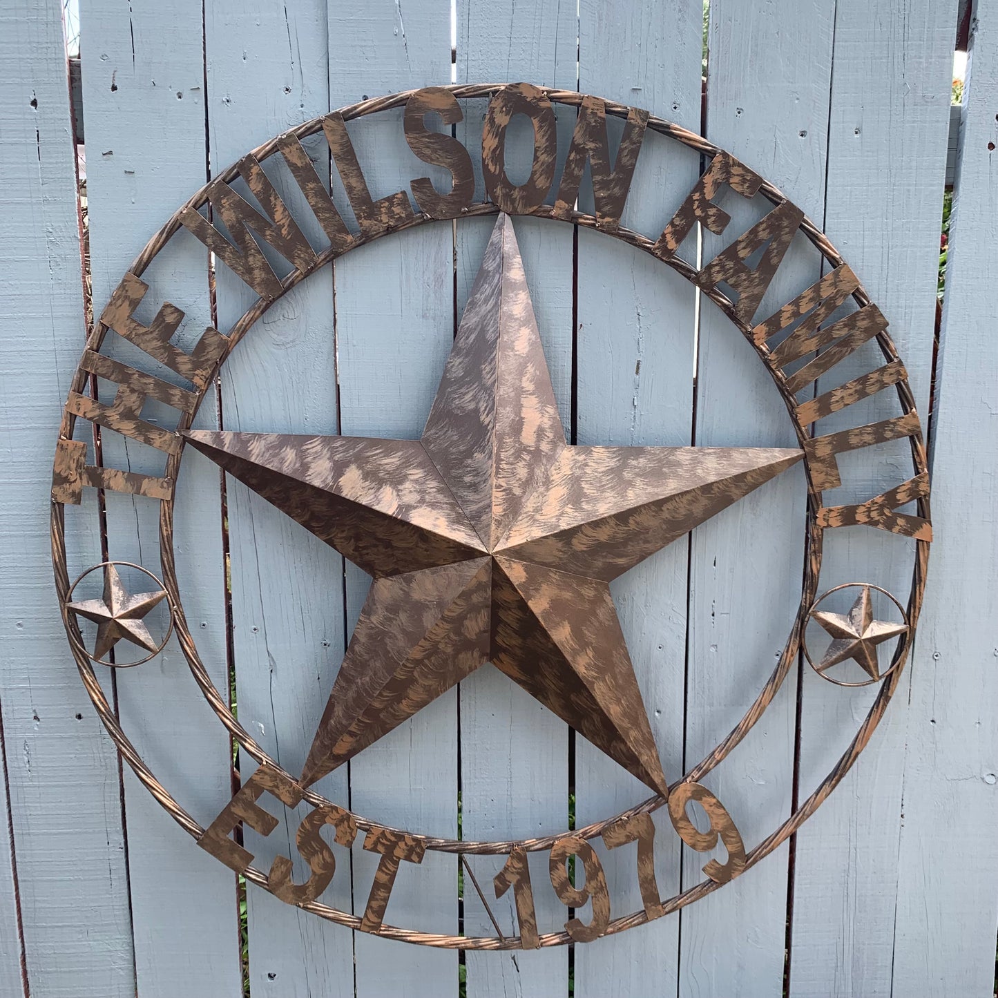 COLOMINA STYLE YOUR CUSTOM NAME BARN STAR BRONZE BRUSH COPPER METAL STAR 3d TWISTED ROPE RING COLOMINA WESTERN HOME DECOR RUSTIC VINTAGE HANDMADE 24",32",36",40",42",44",46",50"