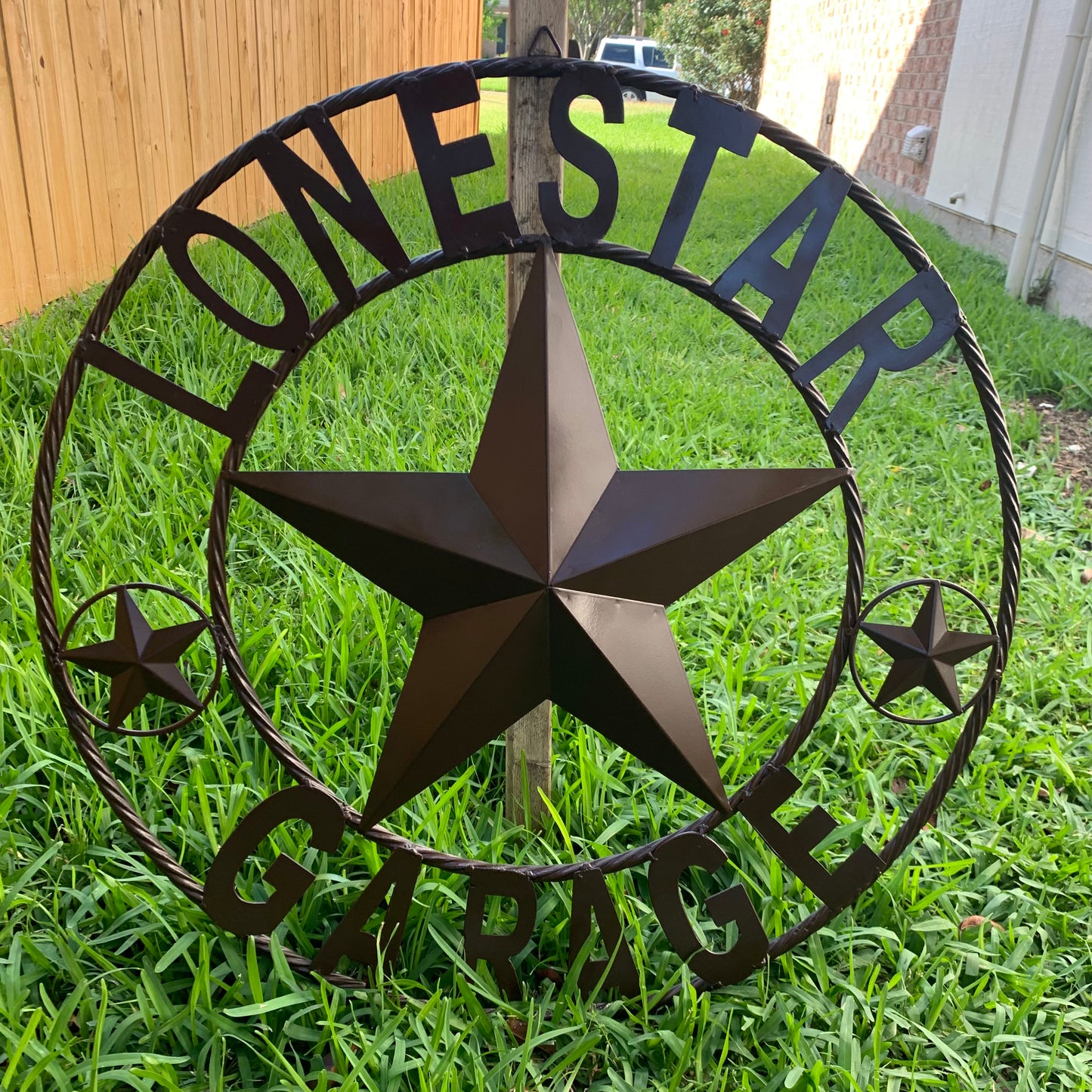 LONESTAR GARAGE STYLE CUSTOM BARN NAME STAR LONESTAR GARAGE METAL NAME BARN STAR WITH TWISTED ROPE RING 3d STAR ART WESTERN HOME DECOR RUSTIC BROWN