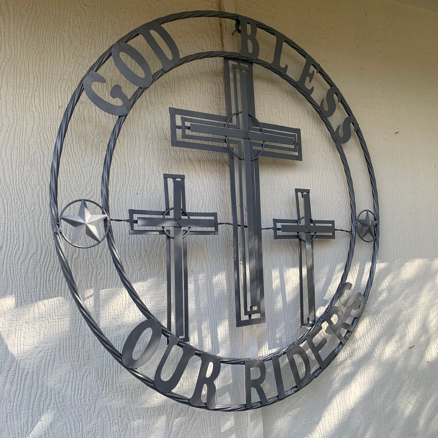 40"GOD BLESS OUR RIDERS CRUCIFIX GREY CROSS METAL WALL ART HANDMADE