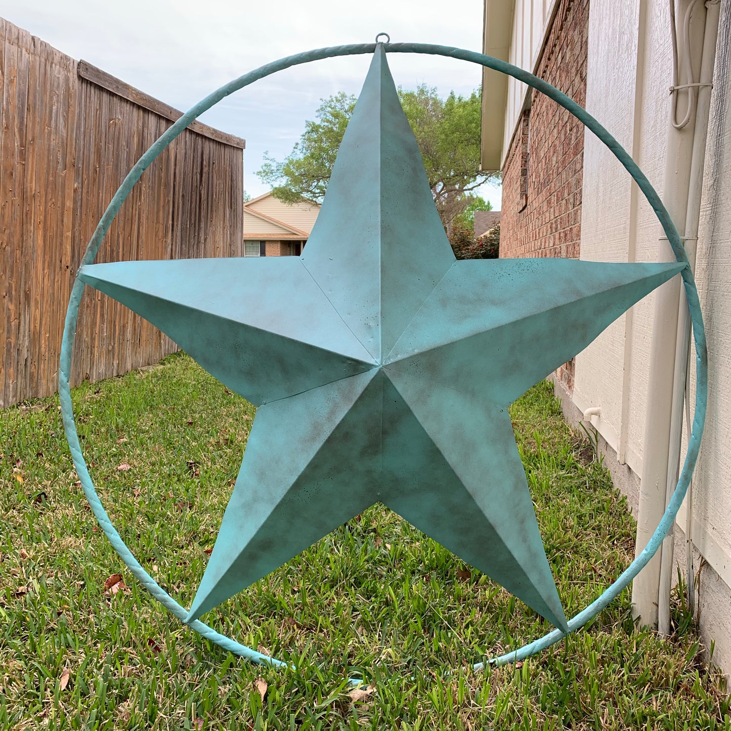 #EH10485 TURQUOISE DISTRESSED TWO TONE BARN STAR METAL LONESTAR TWISTED ROPE RING WETSERN HOME DECOR HANDMADE NEW