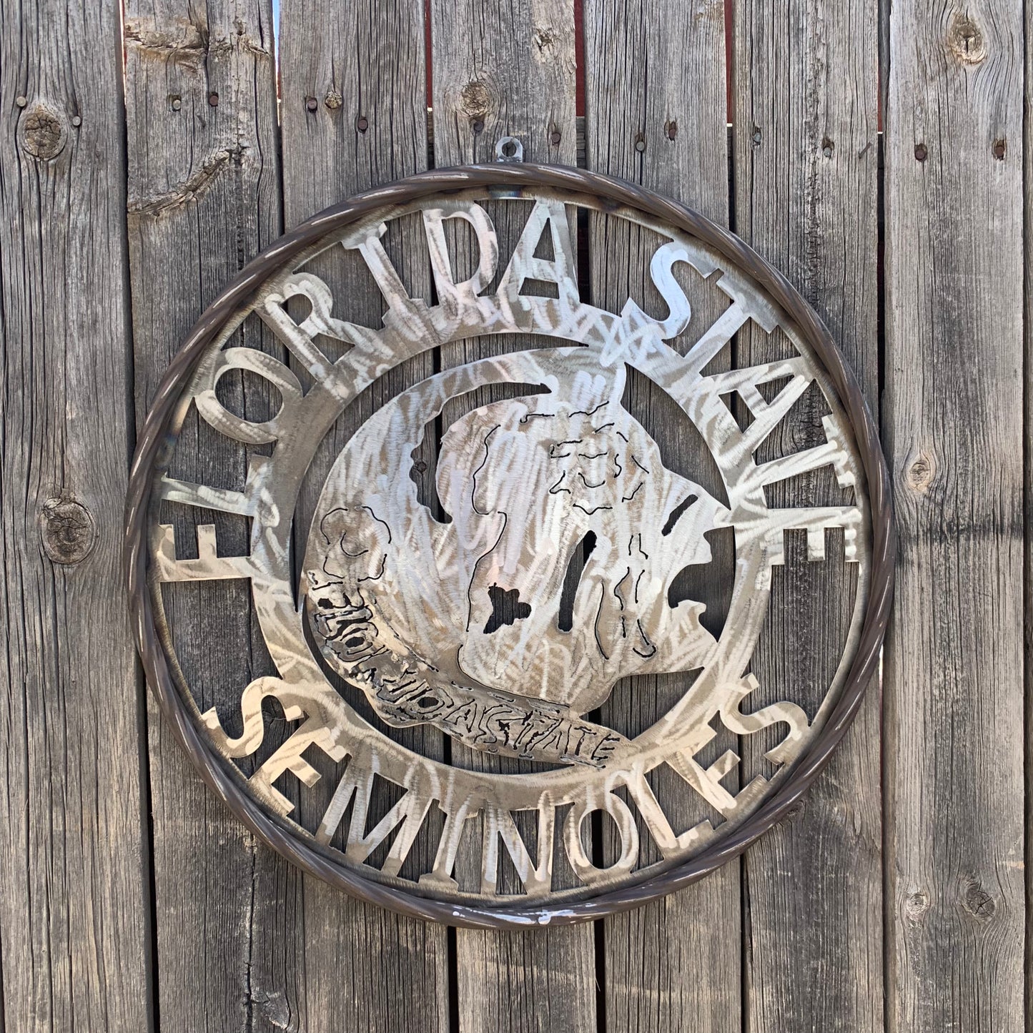 FSU FLORIDA STATE SEMINOLES INDIAN CUSTOM RAW METAL VINTAGE CRAFT TEAM SIGN HANDMADE