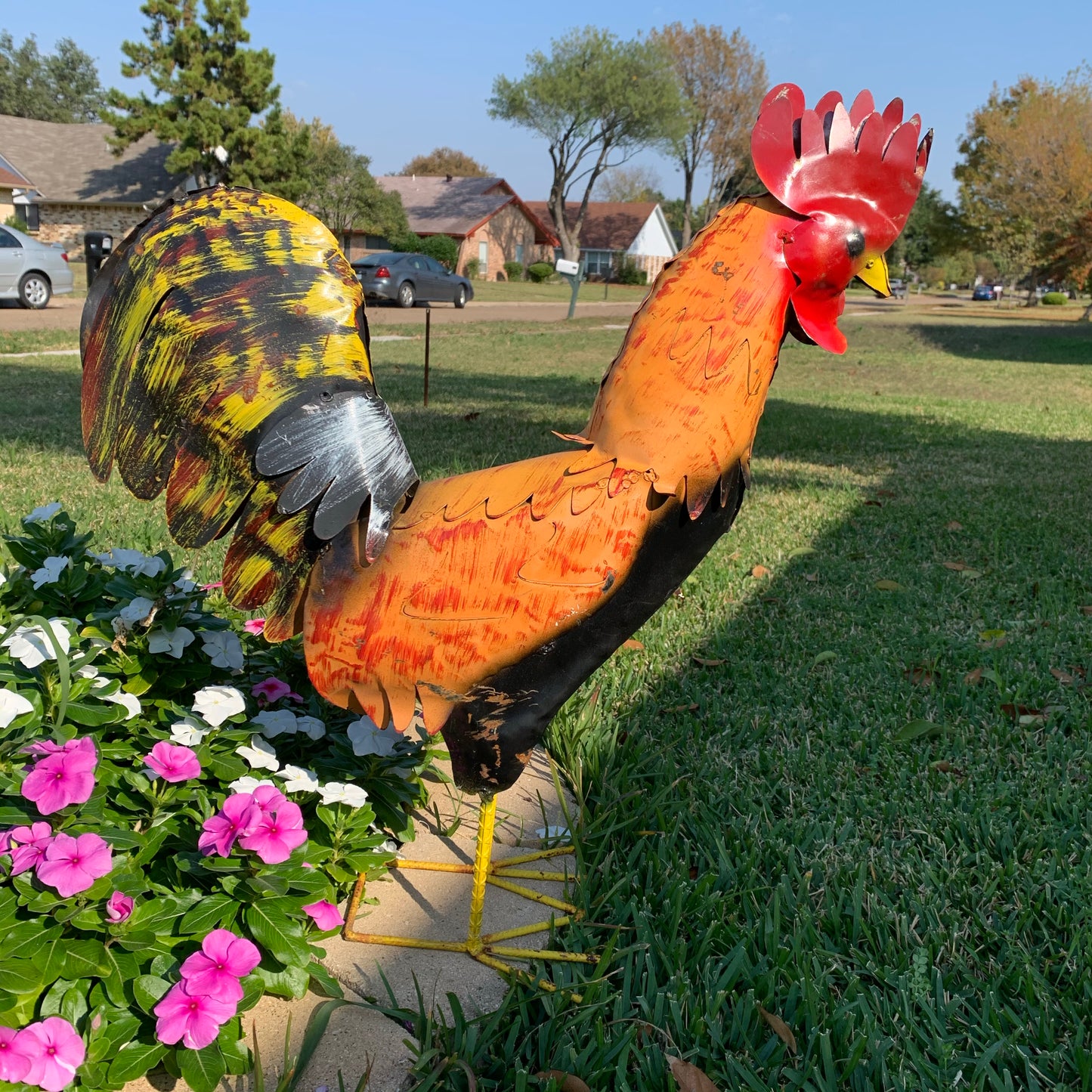 #34-025 RUSTIC ORANGE RED ROOSTER 18",30",40" GARDEN METAL ANIMAL SCULPTURE METAL DECOR ORNAMENT 16"L x 20" high