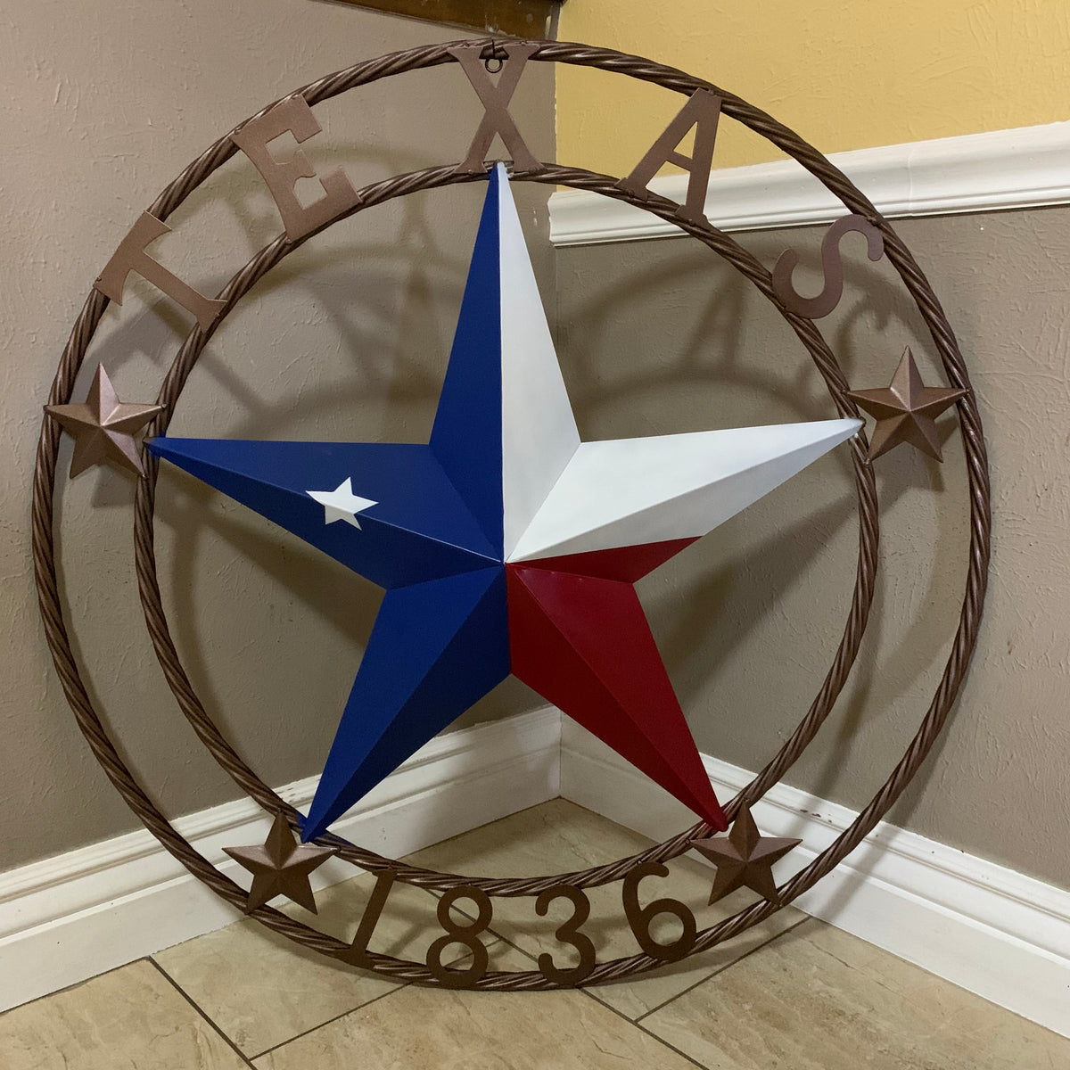 TEXAS 1836  FLAG STAR RED WHITE BLUE BARN STAR TWISTED ROPE RING BRONZE WESTERN HOME DECOR  #EH10958