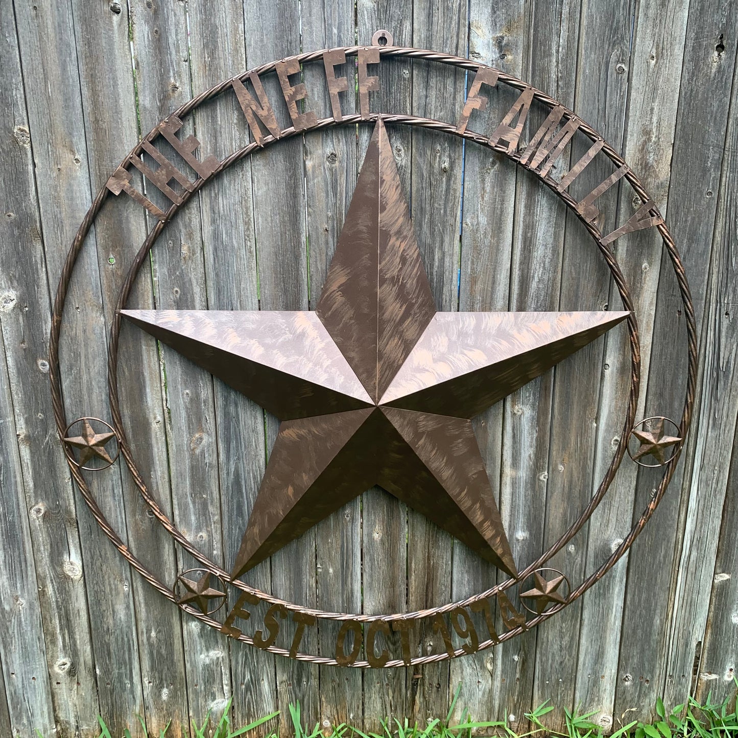 COLOMINA STYLE YOUR CUSTOM NAME BARN STAR BRONZE BRUSH COPPER METAL STAR 3d TWISTED ROPE RING COLOMINA WESTERN HOME DECOR RUSTIC VINTAGE HANDMADE 24",32",36",40",42",44",46",50"