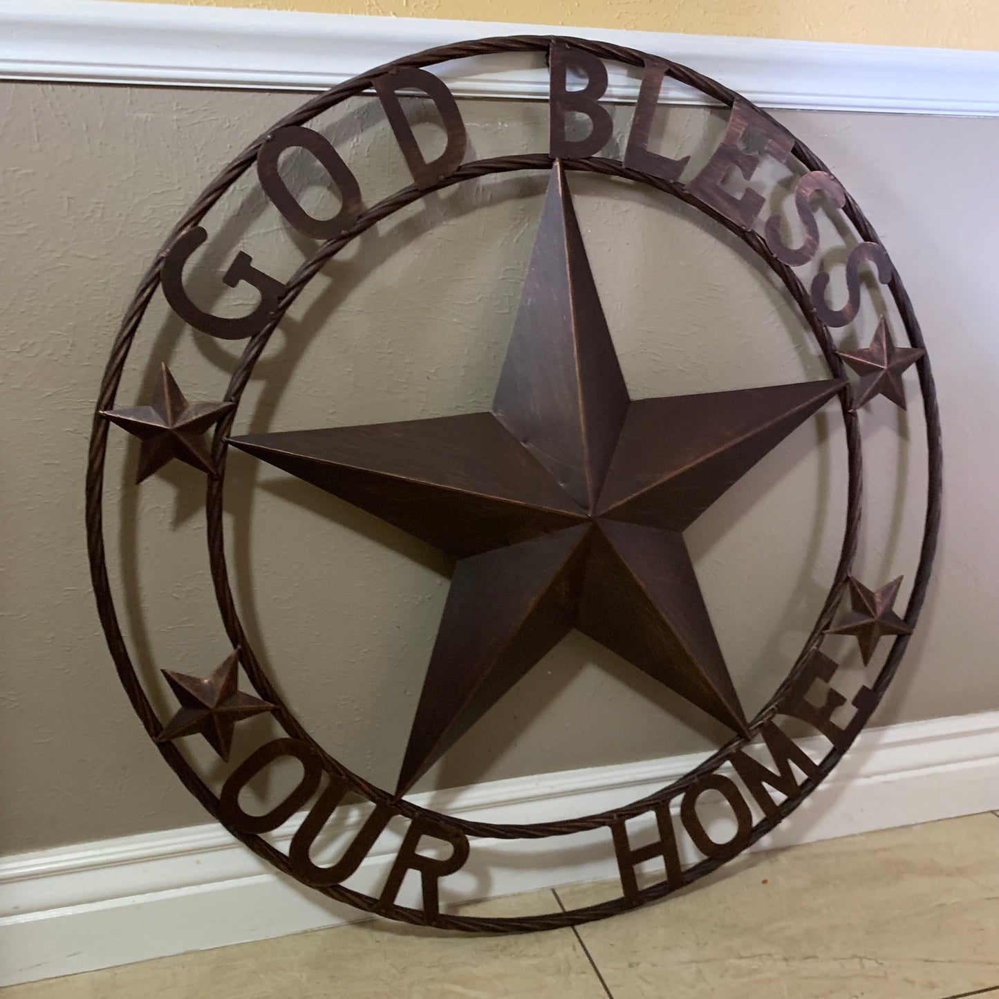 GOD BLESS OUR HOME BARN STAR METAL LONE STAR TWISTED ROPE RING WESTERN HOME DECOR HANDMADE #EH11040