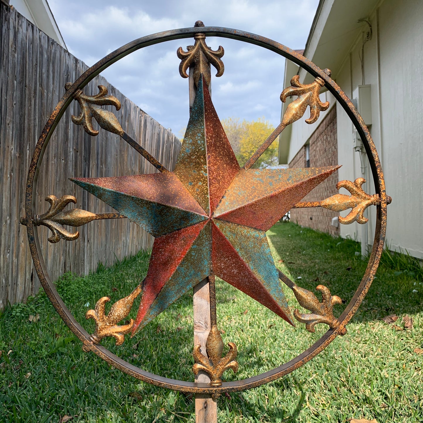 24" RUSTIC STAR & MULTI FLEUR DE LIS METAL WALL ART WESTERN HOME DECOR RED GOLD & TURQUOISE ART
