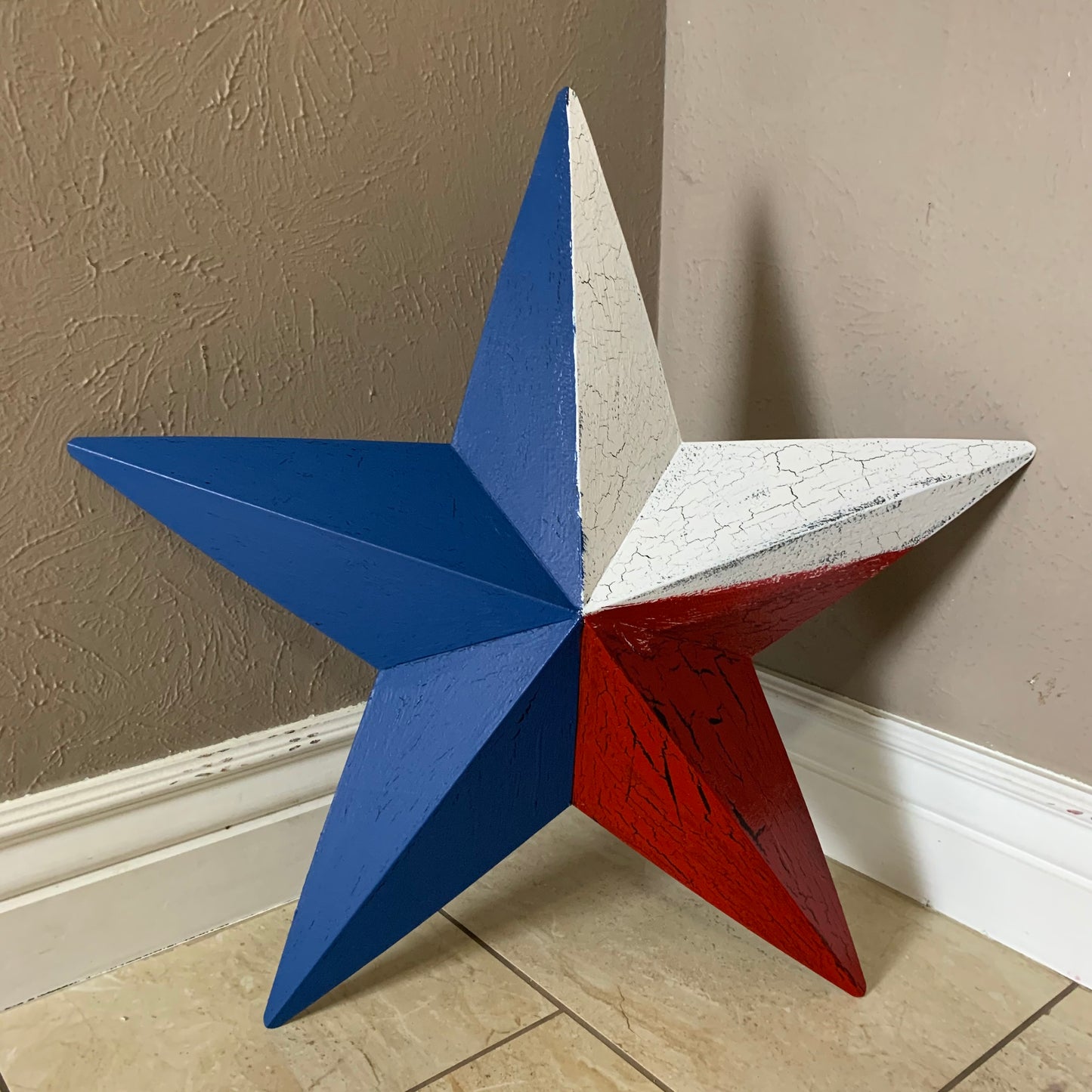 CRACKLE STYLE RED WHITE & BLUE METAL BARN STAR METAL WALL ART WESTERN HOME DECOR RUSTIC NEW
