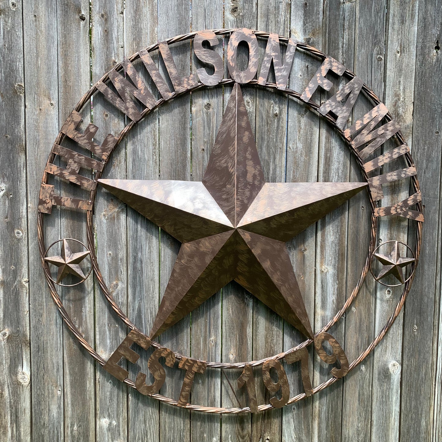 COLOMINA STYLE YOUR CUSTOM NAME BARN STAR BRONZE BRUSH COPPER METAL STAR 3d TWISTED ROPE RING COLOMINA WESTERN HOME DECOR RUSTIC VINTAGE HANDMADE 24",32",36",40",42",44",46",50"
