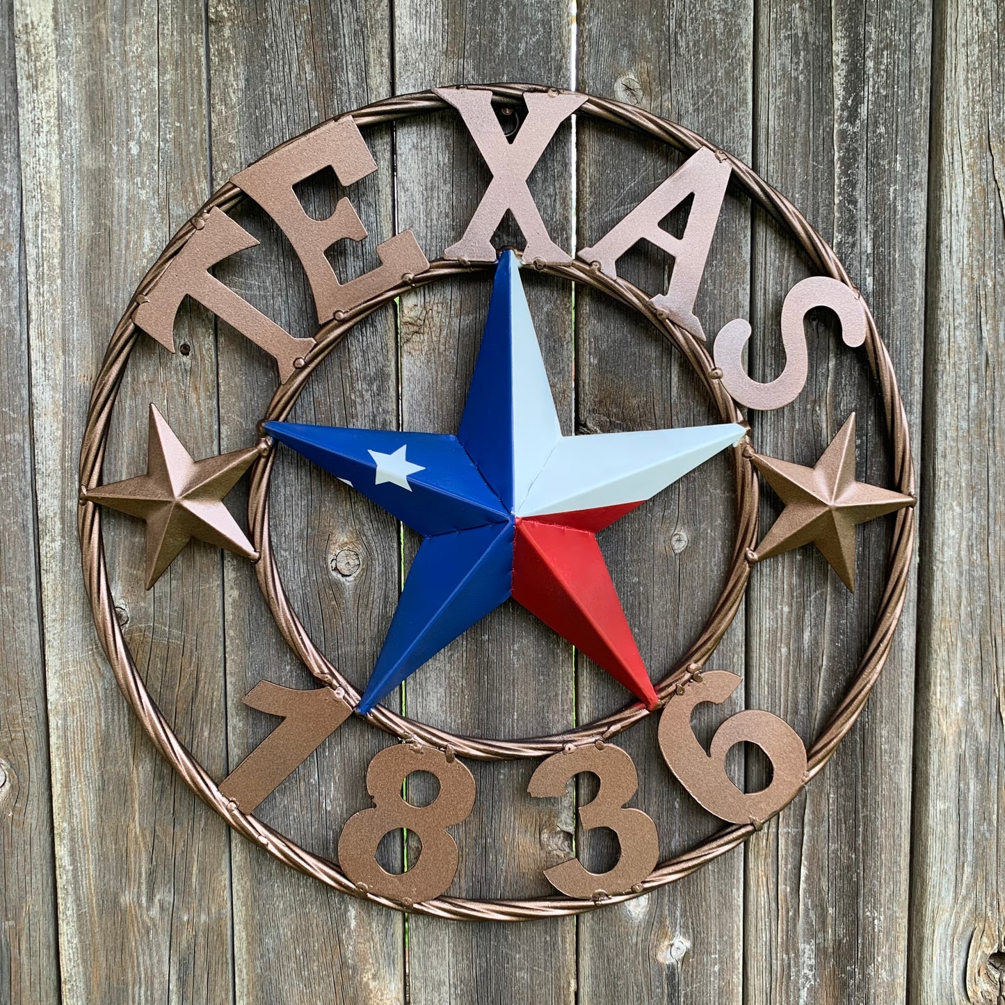 16" TEXAS 1836 RED WHITE BLUE TEXAS FLAG STAR BRONZE RING METAL BARN STAR WESTERN HOME DECOR HANDMADE NEW ART