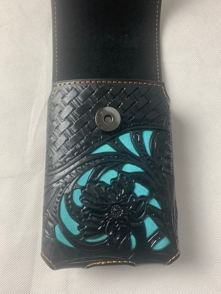 #LG1006 7" LONE STAR BLACK & TURQUOISE LEATHER POUCH EXTRA LARGE  BELT LOOP HOLSTER CELL PHONE CASE UNIVERSAL OVERSIZE--FREE SHIPPING