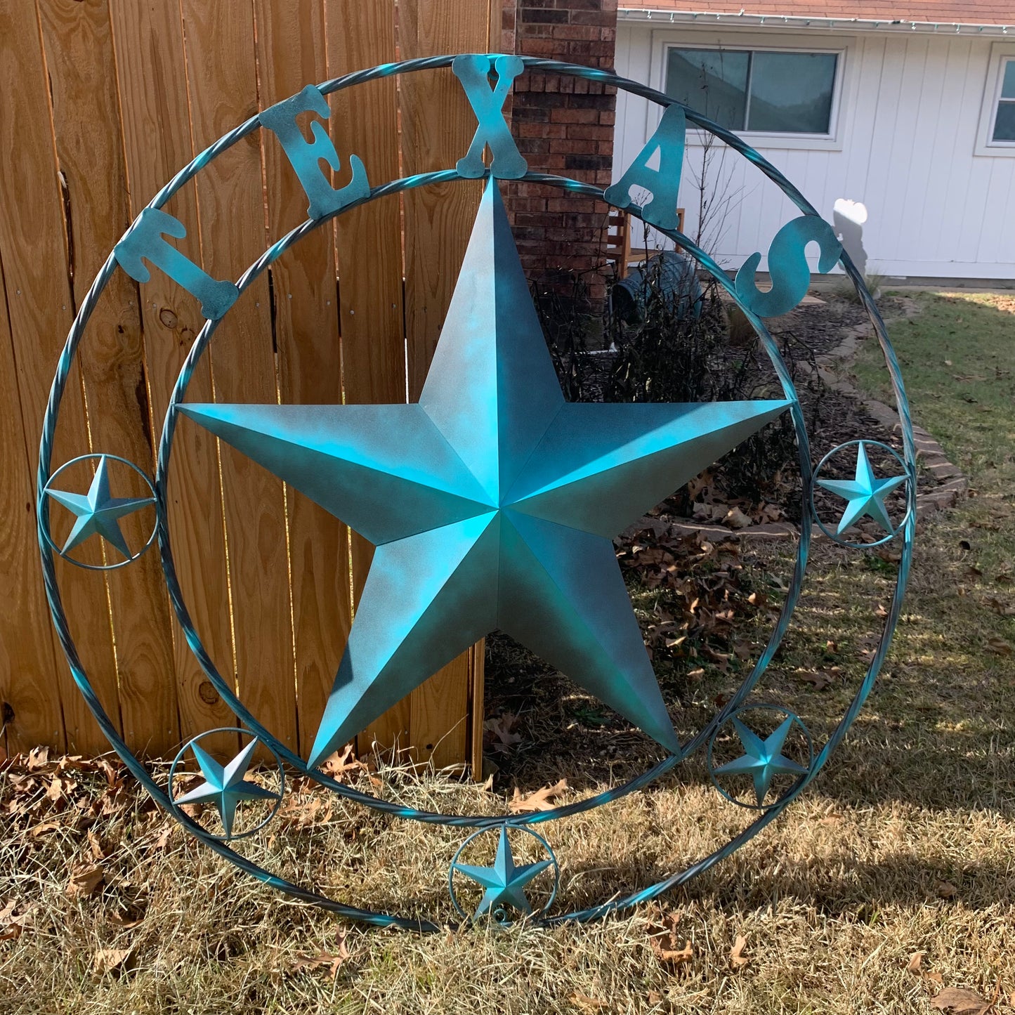 TEXAS LONESTAR TURQUOISE DISTRESSED TWO TONE METAL BARN STAR TWISTED ROPE RING WALL ART WESTERN HOME DECOR HANDMADE NEW #EH10483