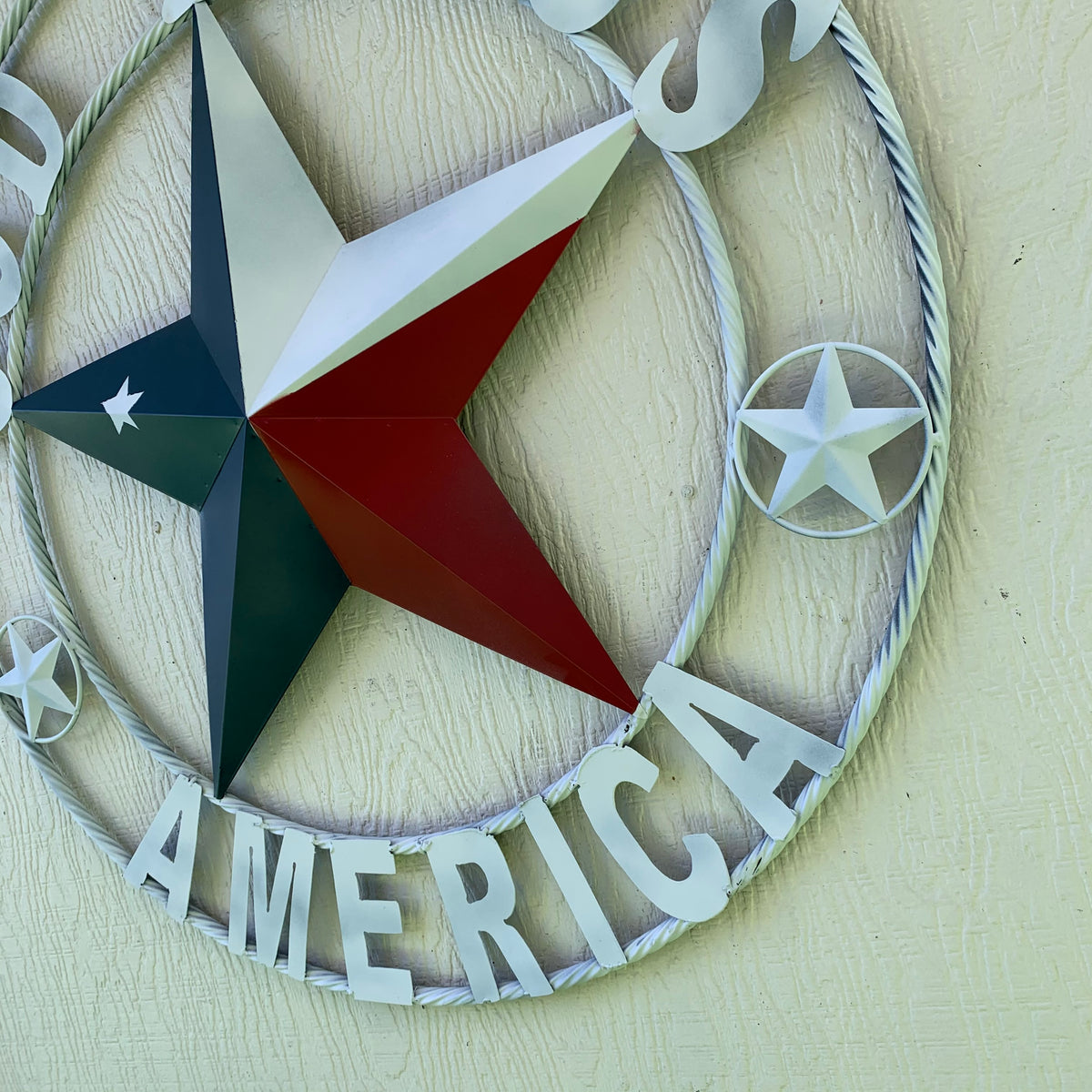 GOD BLESS AMERICA WHITE RING & RED WHITE BLUE BARN METAL STAR TWISTED RING HANDMADE NEW