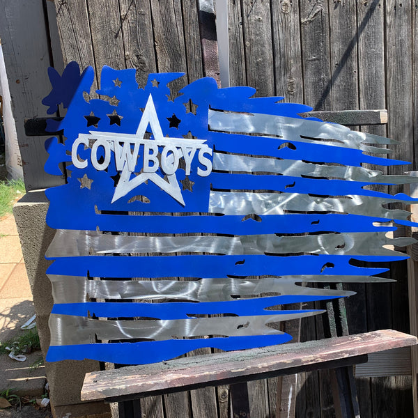 DALLAS COWBOYS METAL TATTERED FLAG BRIGHT BLUE & SILVER CUSTOM VINTAGE CRAFT TEAM SIGN HANDMADE