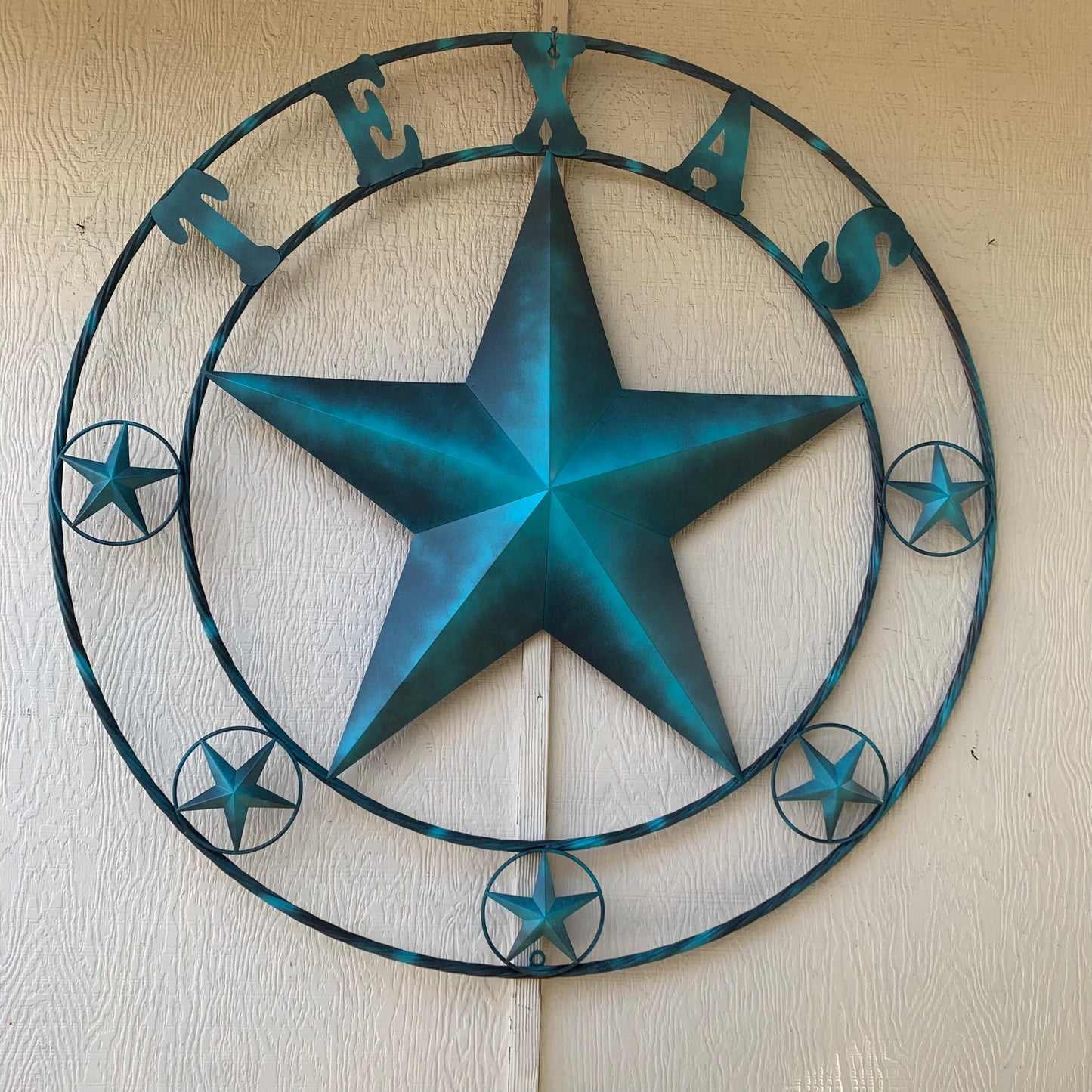 TEXAS LONESTAR TURQUOISE DISTRESSED TWO TONE METAL BARN STAR TWISTED ROPE RING WALL ART WESTERN HOME DECOR HANDMADE NEW #EH10483
