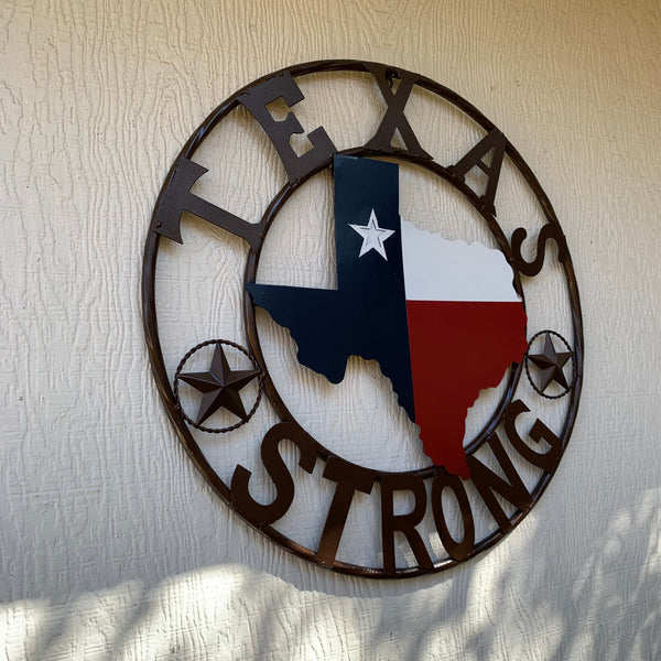 TEXAS STRONG SIGN METAL WALL ART WESTERN HOME DECOR RED WHITE BLUE WITH BRONZE RING HANDMADE #EH13212