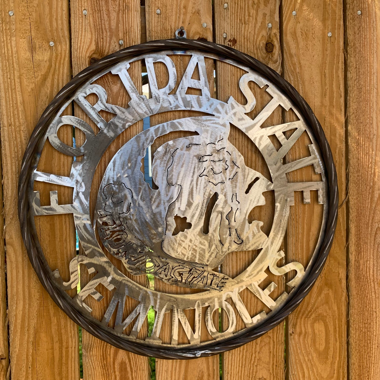FSU FLORIDA STATE SEMINOLES INDIAN CUSTOM RAW METAL VINTAGE CRAFT TEAM SIGN HANDMADE