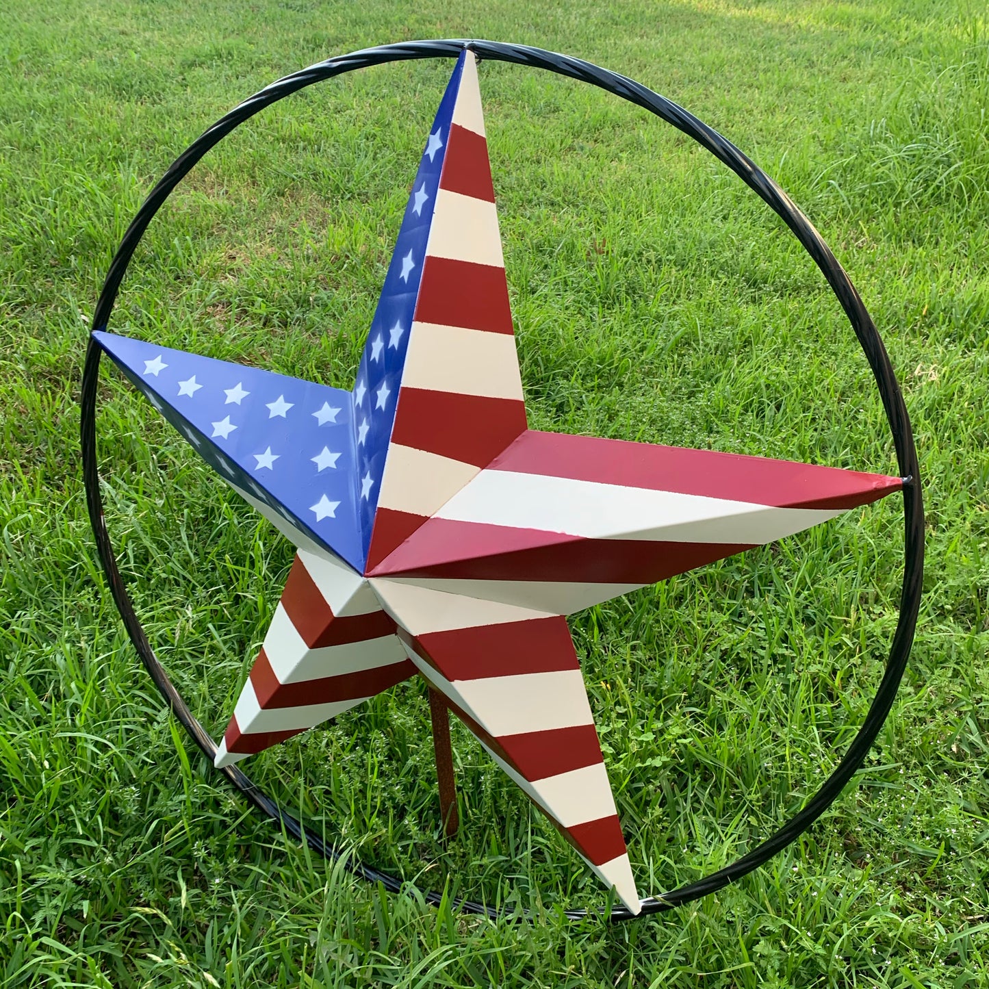 AMERICAN Flag USA Metal Barn Star RED WHITE & BLUE with Black Rope Ring Western Home Decor Handmade 12",16",24",30",34",36",40",48"