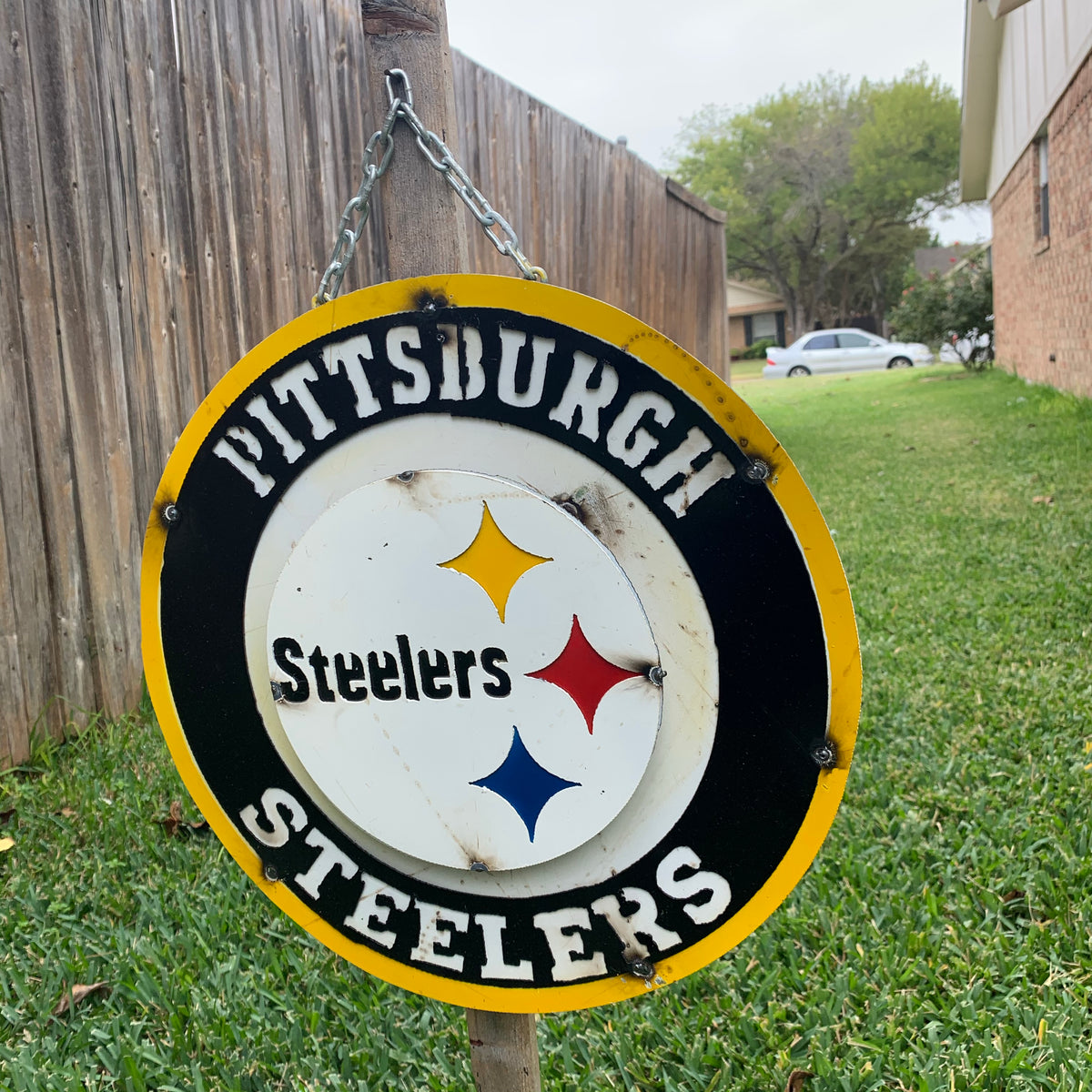 15" PITTSBURGH DISC CUSTOM METAL VINTAGE CRAFT TEAM SPORTS SIGN WESTERN HOME DECOR HANDMADE