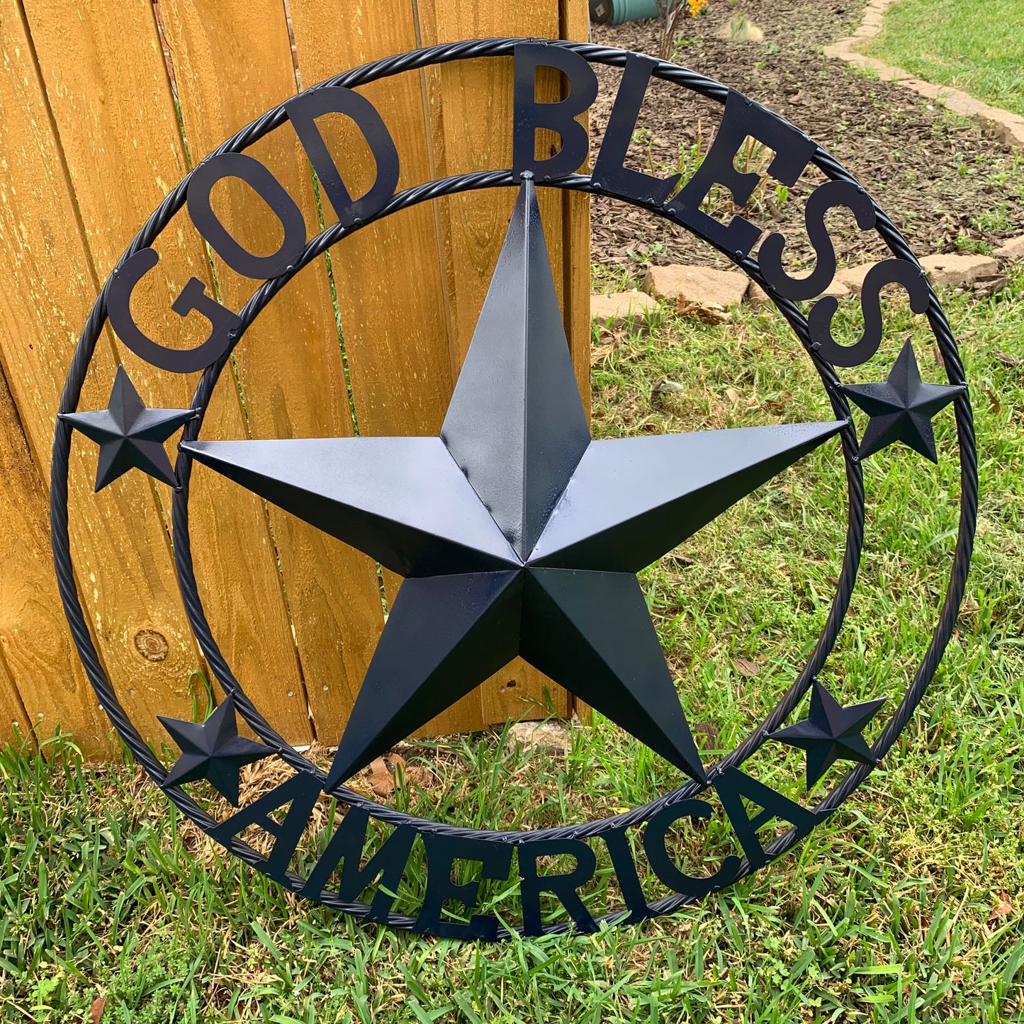 GOD BLESS AMERICA NAVY BLUE METAL BARN STAR RING ART WESTERN HOME DECOR NEW-#EH10131