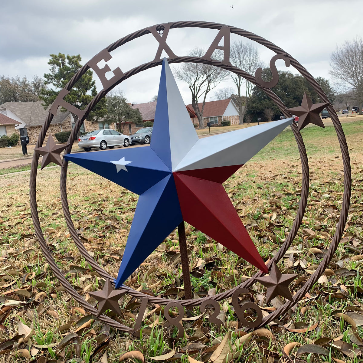 TEXAS 1836  FLAG STAR RED WHITE BLUE BARN STAR TWISTED ROPE RING BRONZE WESTERN HOME DECOR  #EH10958