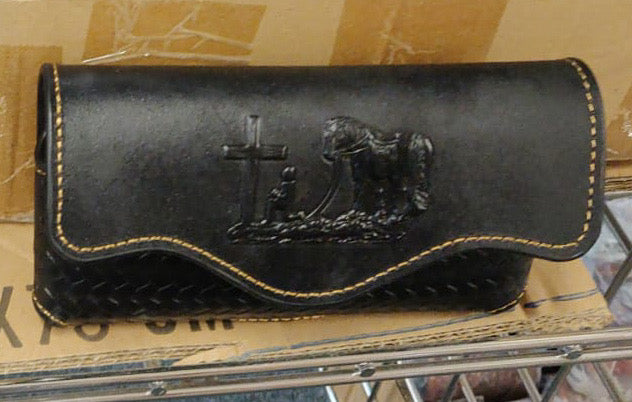 7"" COWBOY PRAYING CHURCH BLACK EMBOSSED HORIZONTAL LEATHER POUCH EXTRA LARGE  BELT LOOP HOLSTER CELL PHONE CASE UNIVERSAL OVERSIZE--FREE SHIPPING