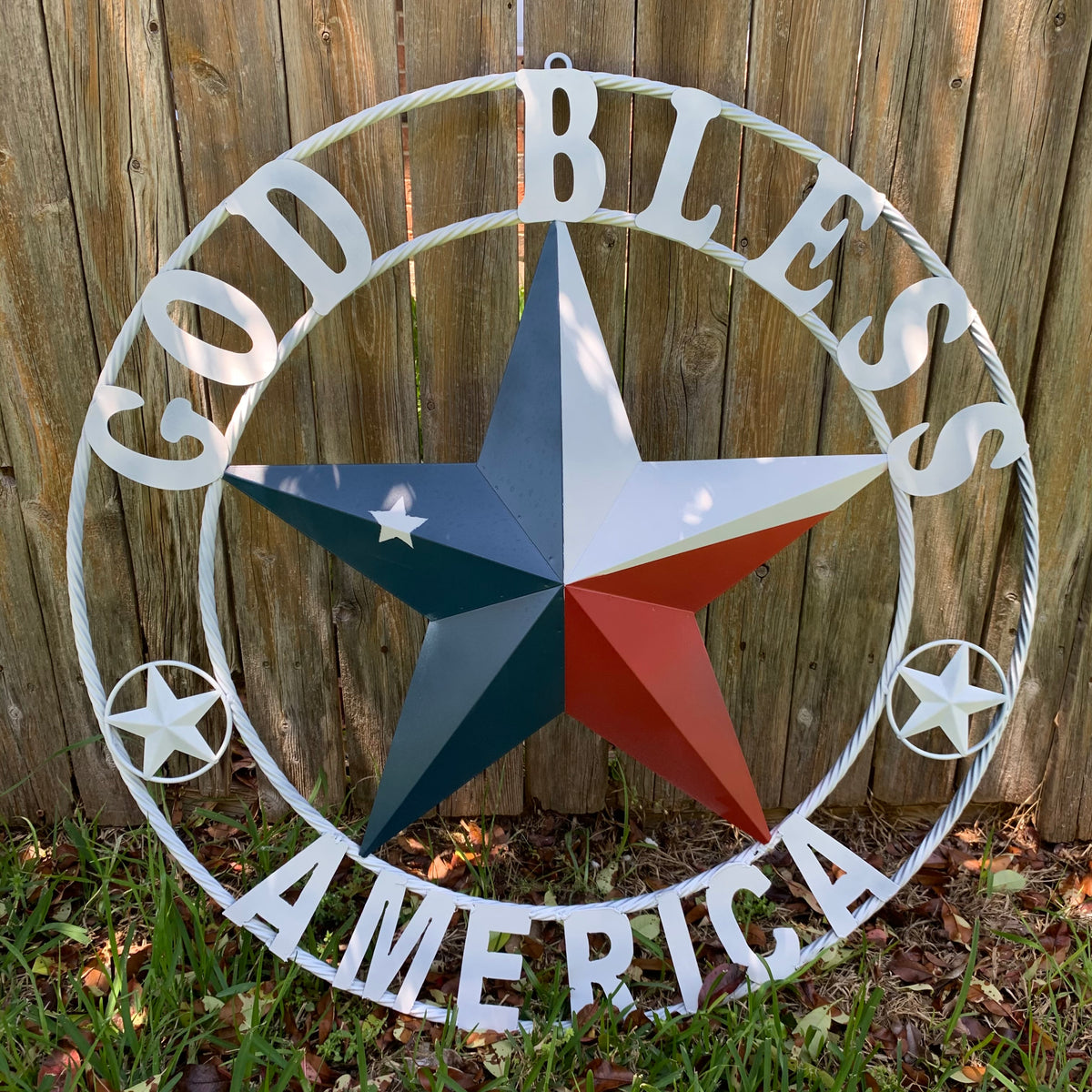 GOD BLESS AMERICA WHITE RING & RED WHITE BLUE BARN METAL STAR TWISTED RING HANDMADE NEW