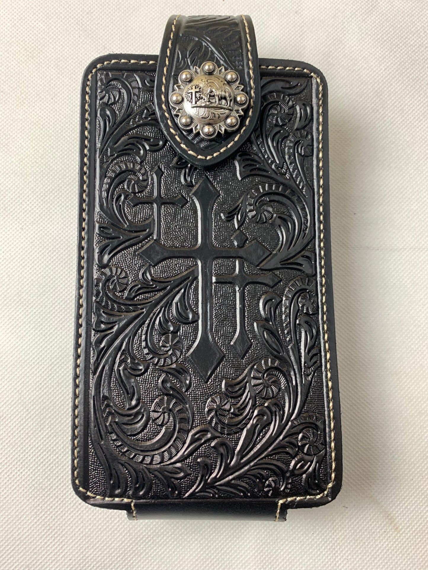 #WS341D 7" COWBOY PRAYER CROSS HOLSTER BLACK LEATHER POUCH EXTRA LARGE  BELT LOOP CELL PHONE CASE UNIVERSAL OVERSIZE--FREE SHIPPING