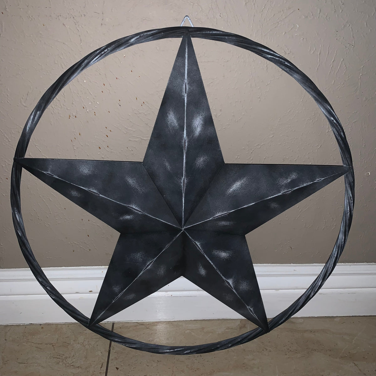 RUSTIC BLACK DISTRESSED TWO TONE BARN LONE STAR ROPE RING METAL WALL ART WESTERN HOME DECOR HANDMADE