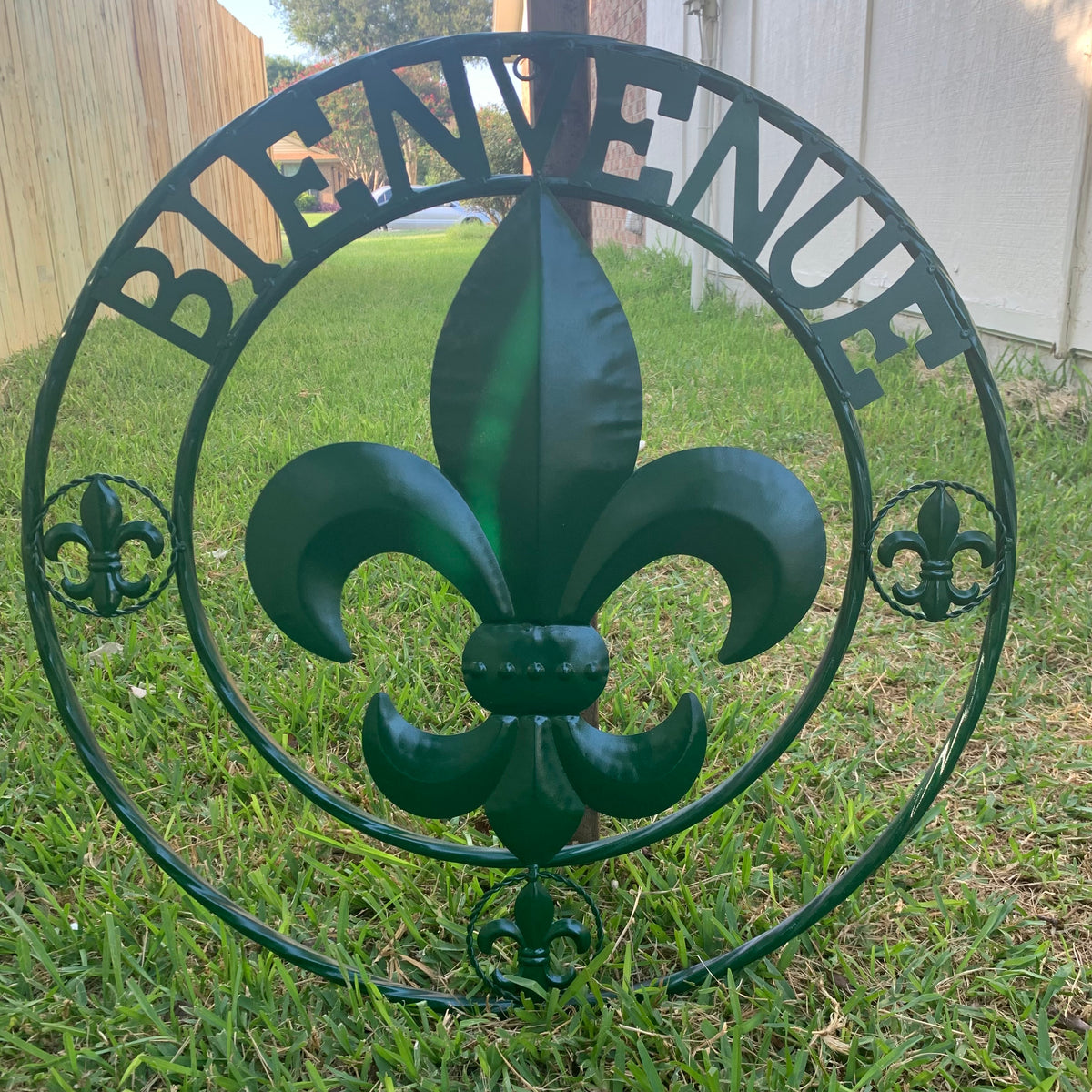 24", 32" GLOSSY HUNTER GREEN FLEUR DE LIS BIENVENUE METAL WALL ART WESTERN HOME DECOR