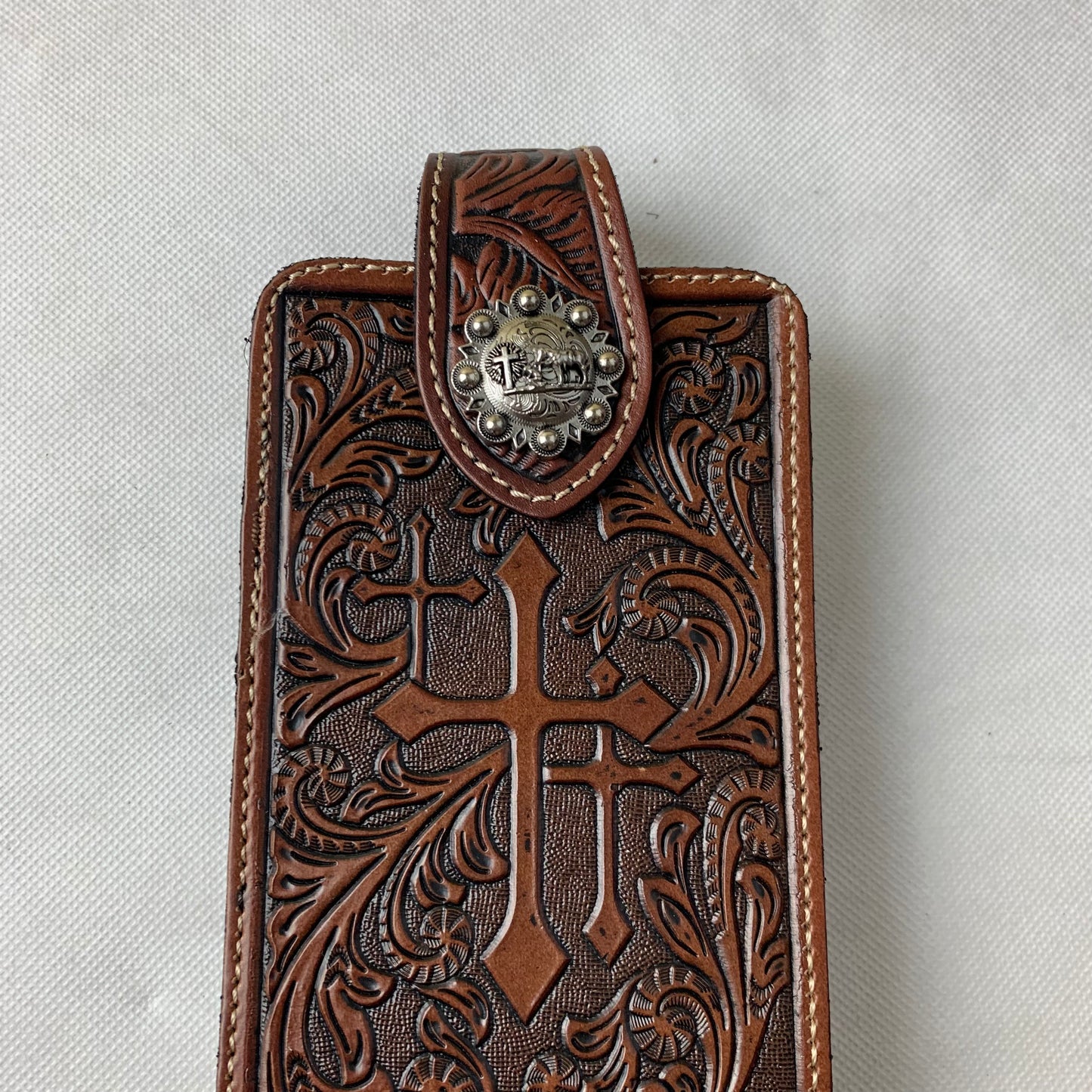 7" COWBOY PRAYER CROSS LEATHER HOLSTER POUCH COFFEE BROWN  LARGE  BELT LOOP HOLSTER CELL PHONE CASE UNIVERSAL OVERSIZE #WS344D--FREE SHIPPING