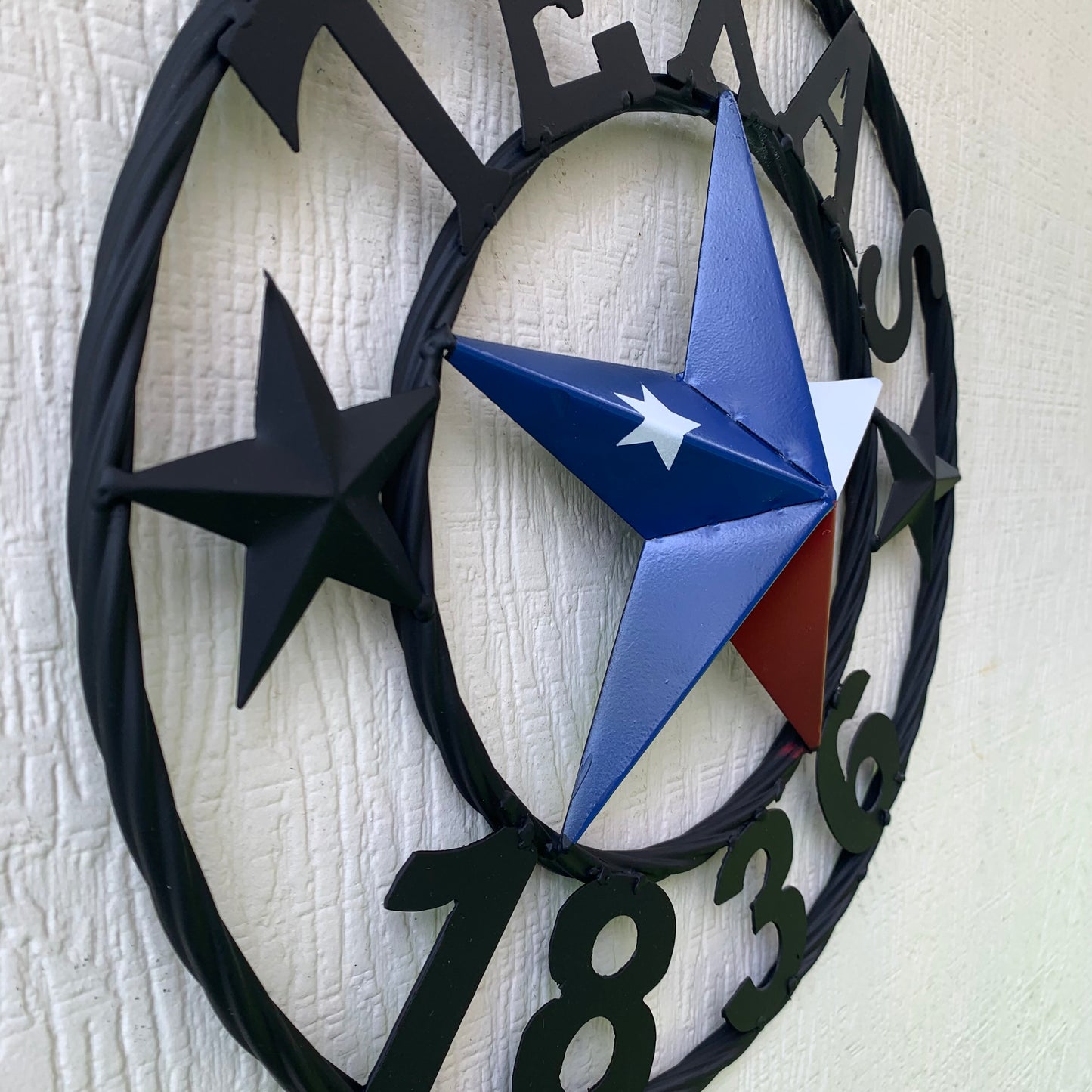 16" TEXAS 1836 RED WHITE BLUE TEXAS FLAG STAR & BLACK RING BARN STAR METAL WALL WESTERN HOME DECOR HANDMADE NEW ART