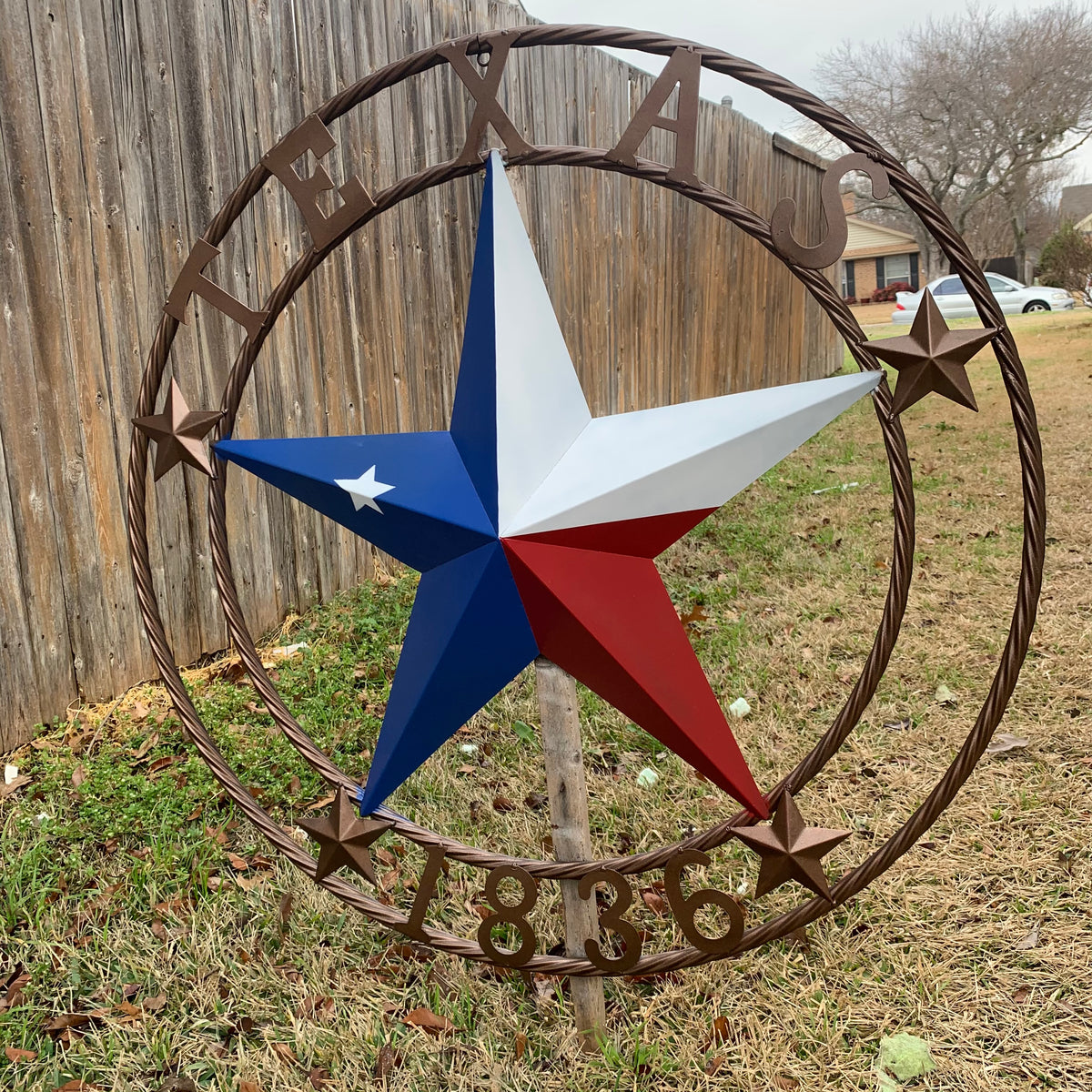 TEXAS 1836  FLAG STAR RED WHITE BLUE BARN STAR TWISTED ROPE RING BRONZE WESTERN HOME DECOR  #EH10958