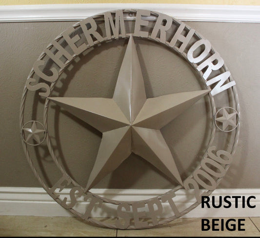 CUSTOM STAR METAL NAME BARN BEIGE STAR 3d WITH TWISTED ROPE RING DESIGN METAL BEIGE WALL ART WESTERN HOME DECOR VINTAGE RUSTIC NEW HANDMADE, 24", 32", 36", 40", 44", 46", 50"