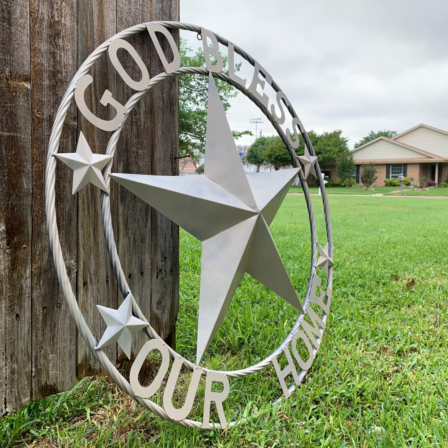GOD BLESS OUR HOME RUSTIC BEIGE BARN METAL STAR ROPE RING WALL ART WESTERN HOME DECOR HANDMADE NEW #EH11686