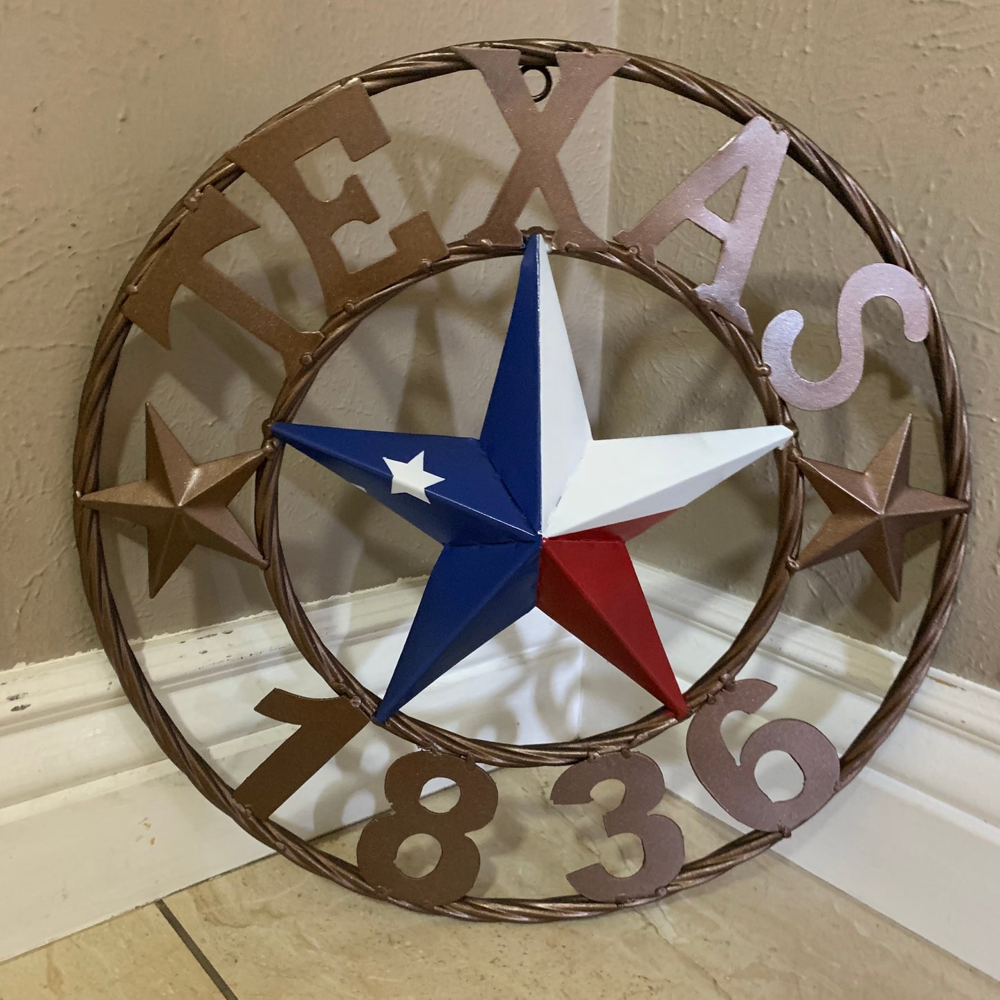 16" TEXAS 1836 RED WHITE BLUE TEXAS FLAG STAR BRONZE RING METAL BARN STAR WESTERN HOME DECOR HANDMADE NEW ART