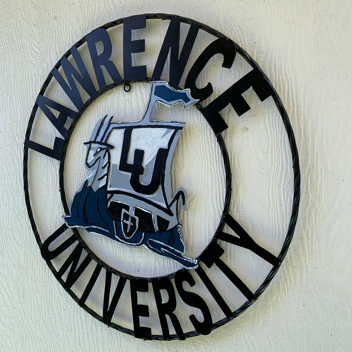 LAWRENCE UNIVERSITY METAL CUSTOM VINTAGE CRAFT WALL ART RUSTIC BLUE SILVER WHITE TEAM SIGN HANDMADE