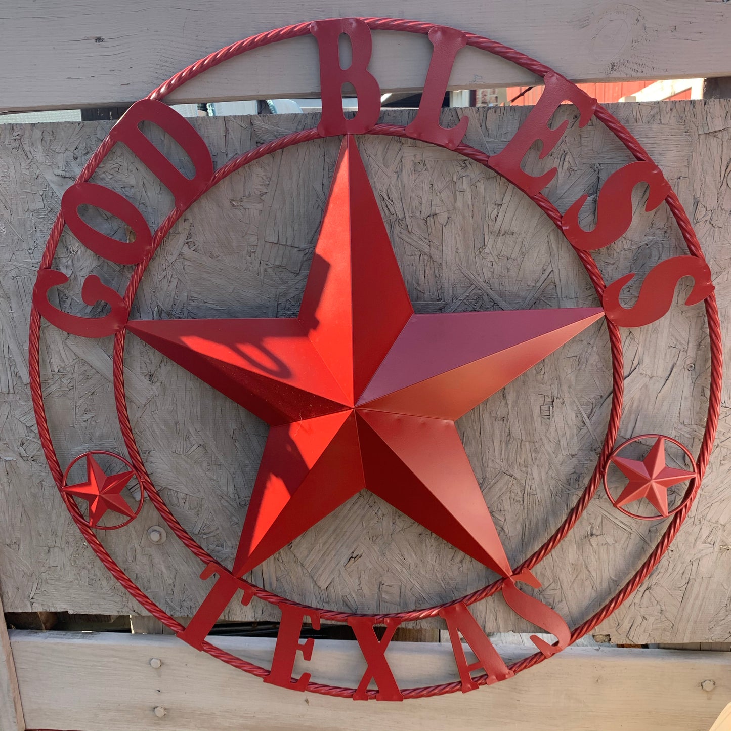 24",32",40",50" BURGUNDY RED GOD BLESS TEXAS BARN STAR ROPE RING METAL WALL ART WESTERN HOME DECOR NEW