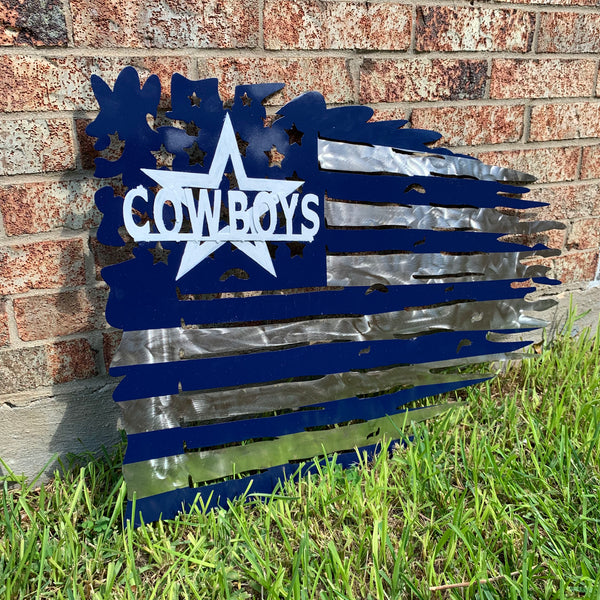 DALLAS COWBOYS METAL TATTERED FLAG NAVY BLUE, WHITE & SILVER CUSTOM VINTAGE CRAFT TEAM SIGN HANDMADE USA #EH11991