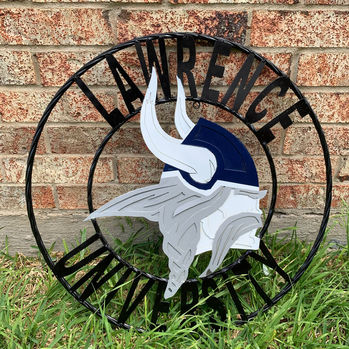 LAWRENCE UNIVERSITY METAL CUSTOM VINTAGE CRAFT WALL ART RUSTIC BLUE SILVER WHITE TEAM SIGN HANDMADE