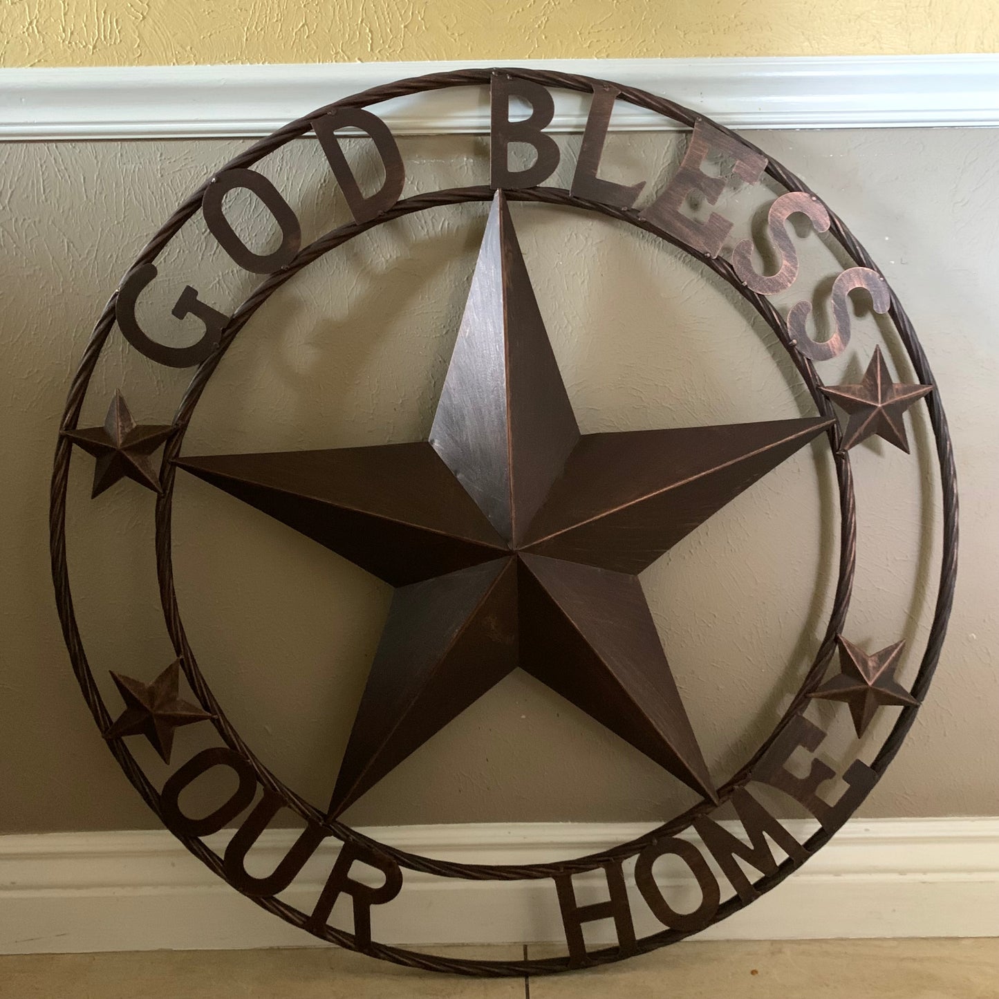 GOD BLESS OUR HOME BARN STAR METAL LONE STAR TWISTED ROPE RING WESTERN HOME DECOR HANDMADE #EH11040