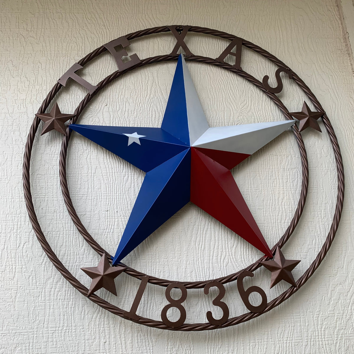 TEXAS 1836  FLAG STAR RED WHITE BLUE BARN STAR TWISTED ROPE RING BRONZE WESTERN HOME DECOR  #EH10958