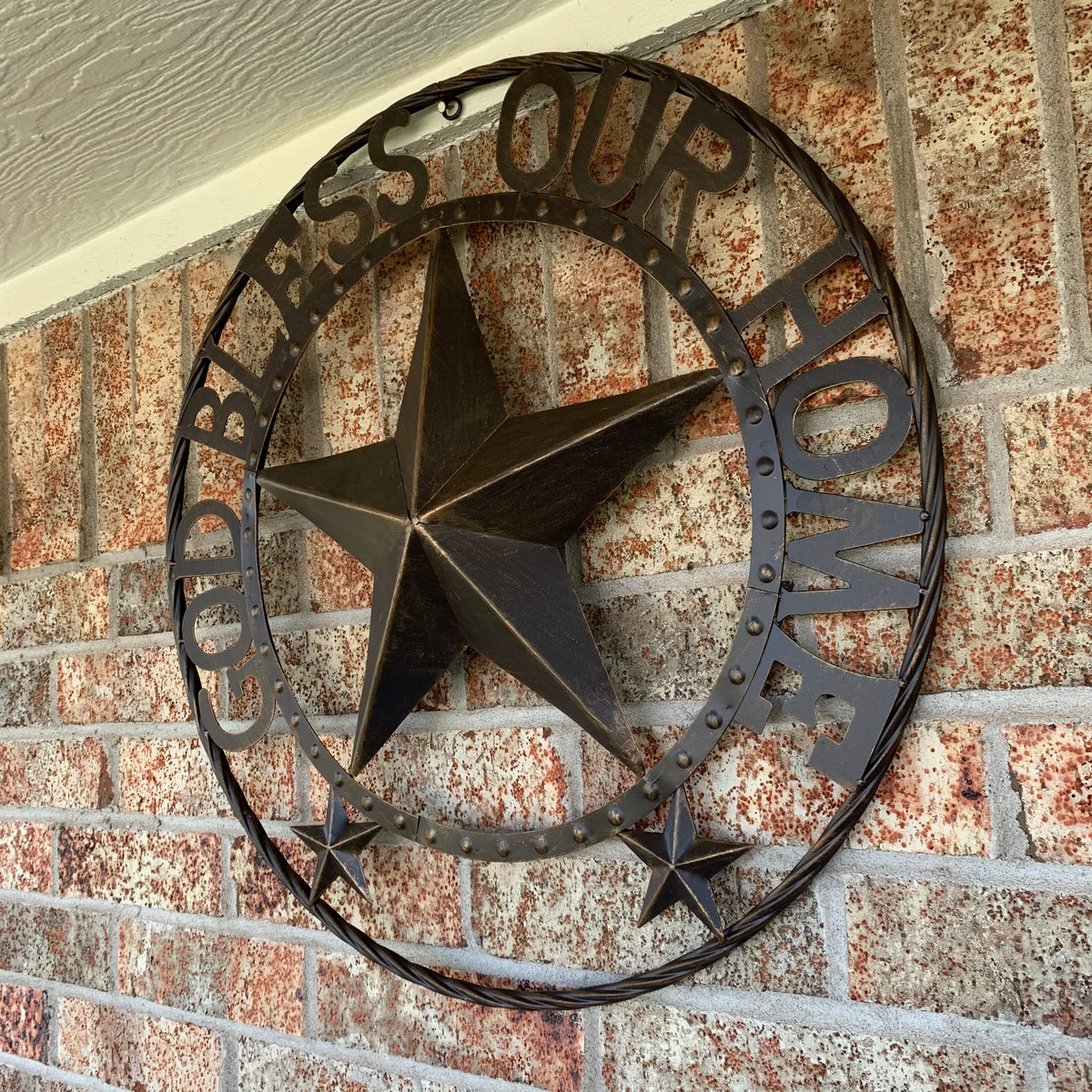 24" GOD BLESS OUR HOME BEADED STAR COLIBROX METAL TWISTED ROPE RING LONE STAR WALL ART WESTERN HOME DECOR RUSTIC DARK BRONZE COPPER HANDMADE NEW
