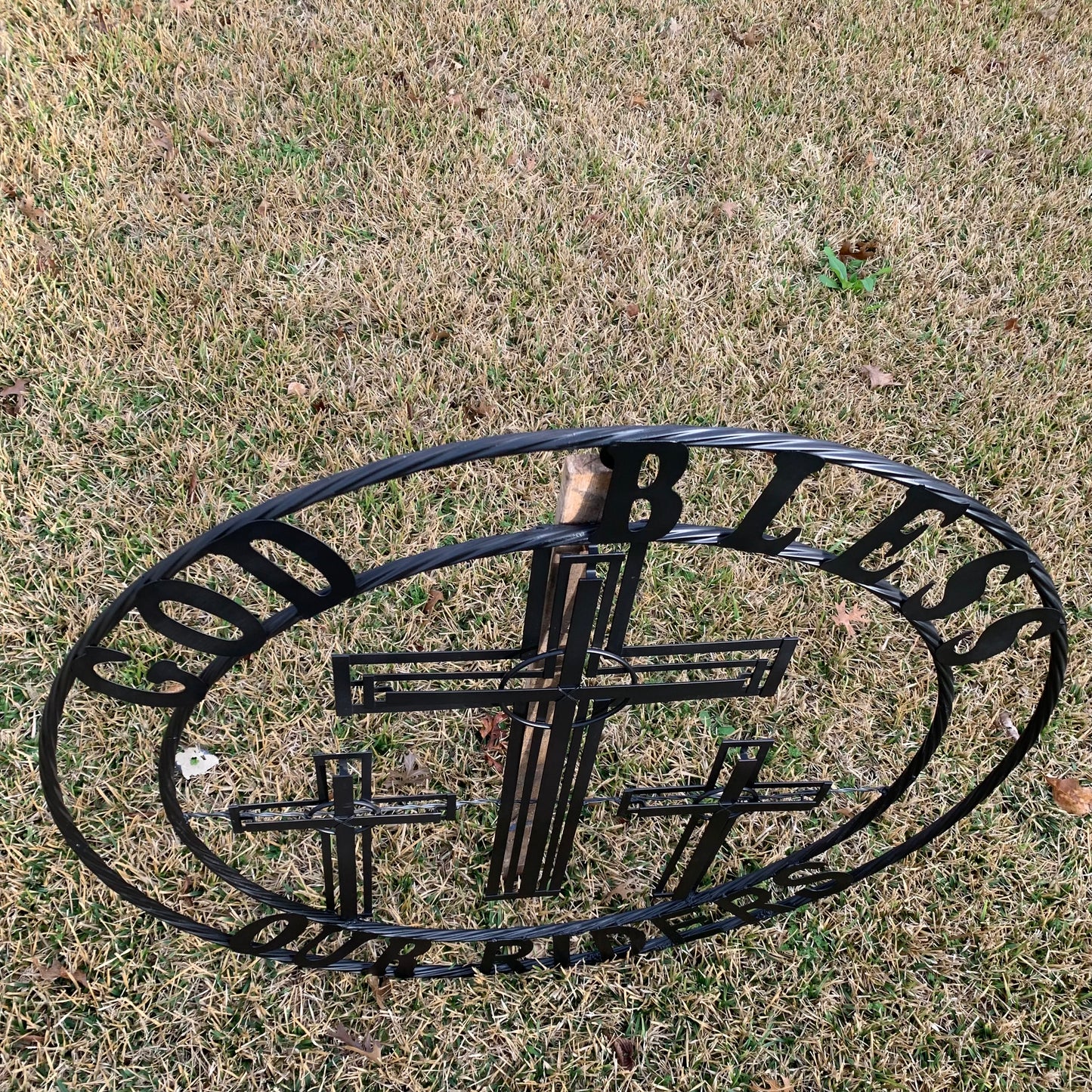40"GOD BLESS OUR RIDERS CRUCIFIX BLACK CROSS METAL WALL ART HANDMADE