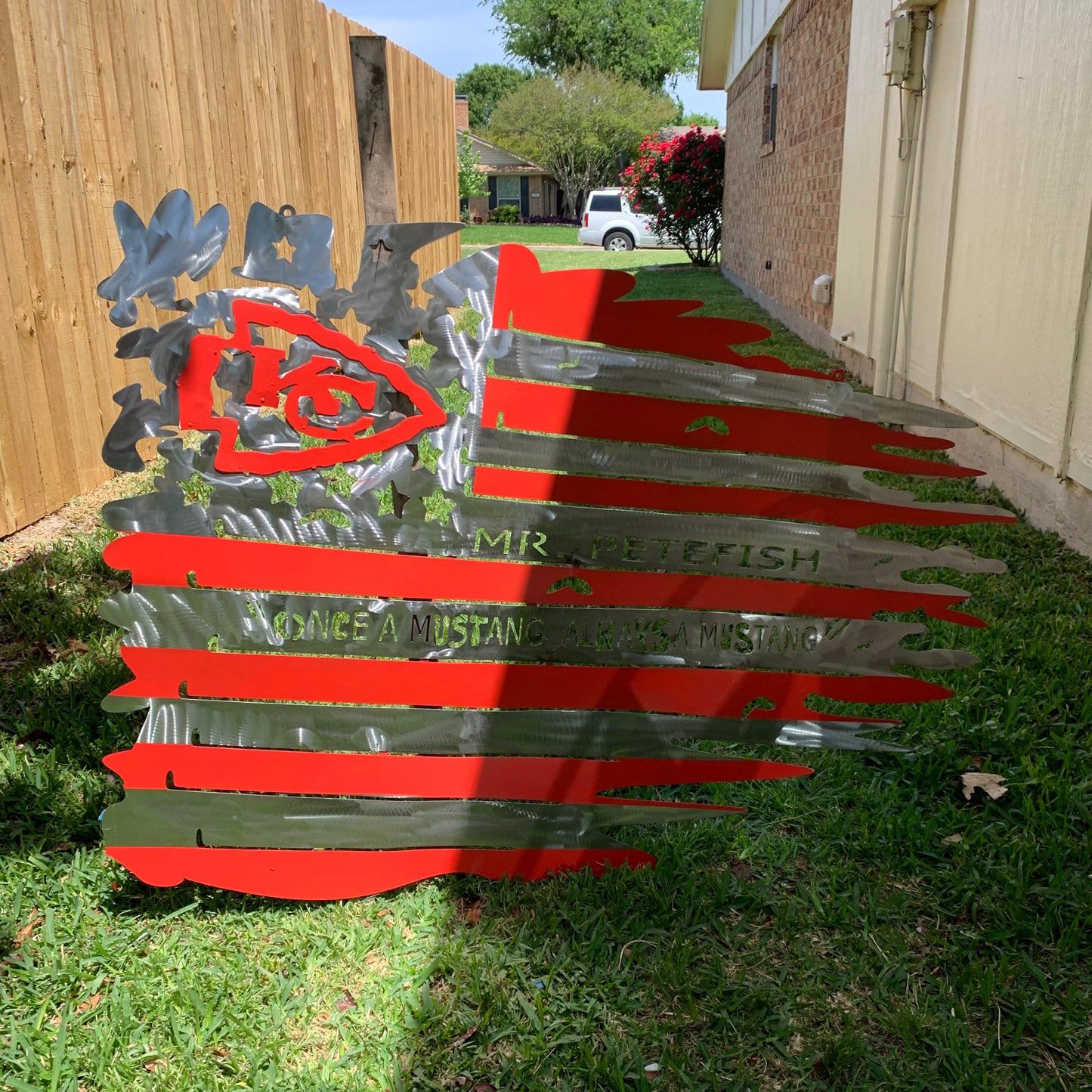 CUSTOM NAME KANSAS CITY CHIEFS METAL TATTERED FLAG CUSTOM VINTAGE CRAFT WALL ART HANDMADE