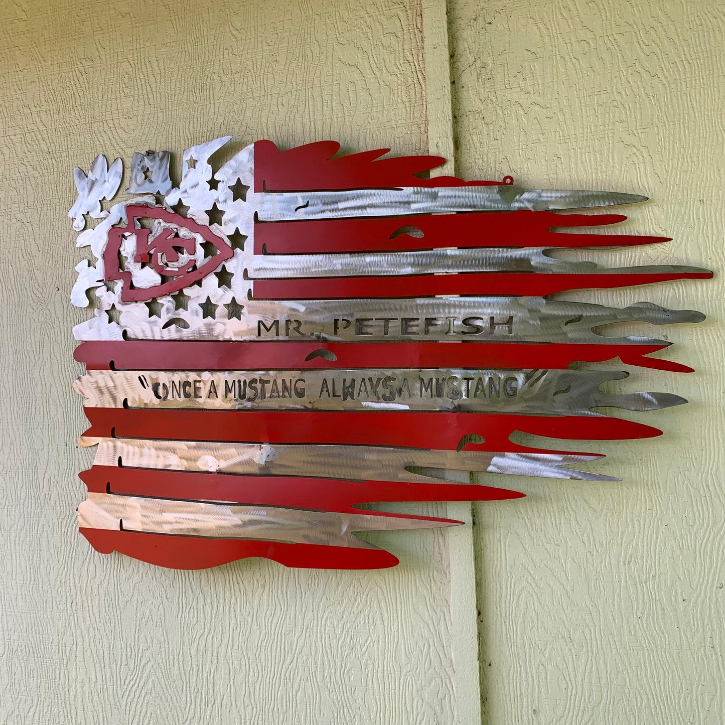 CUSTOM NAME KANSAS CITY CHIEFS METAL TATTERED FLAG CUSTOM VINTAGE CRAFT WALL ART HANDMADE
