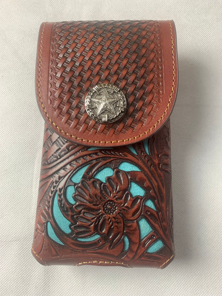 #LG1006 7" LONE STAR BLACK & TURQUOISE LEATHER POUCH EXTRA LARGE  BELT LOOP HOLSTER CELL PHONE CASE UNIVERSAL OVERSIZE--FREE SHIPPING