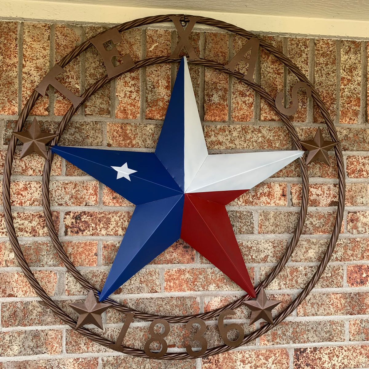 TEXAS 1836  FLAG STAR RED WHITE BLUE BARN STAR TWISTED ROPE RING BRONZE WESTERN HOME DECOR  #EH10958