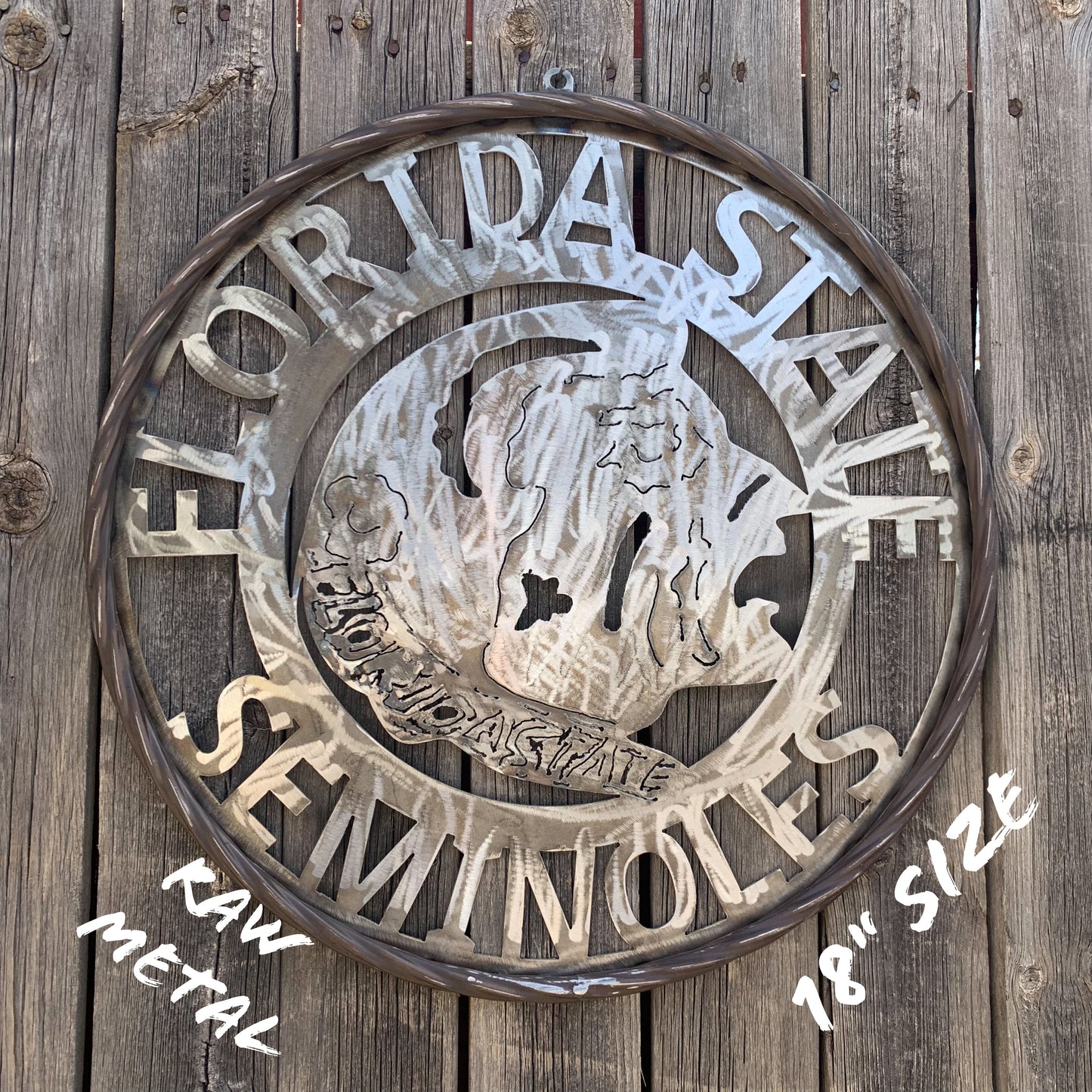 FSU FLORIDA STATE SEMINOLES INDIAN CUSTOM RAW METAL VINTAGE CRAFT TEAM SIGN HANDMADE