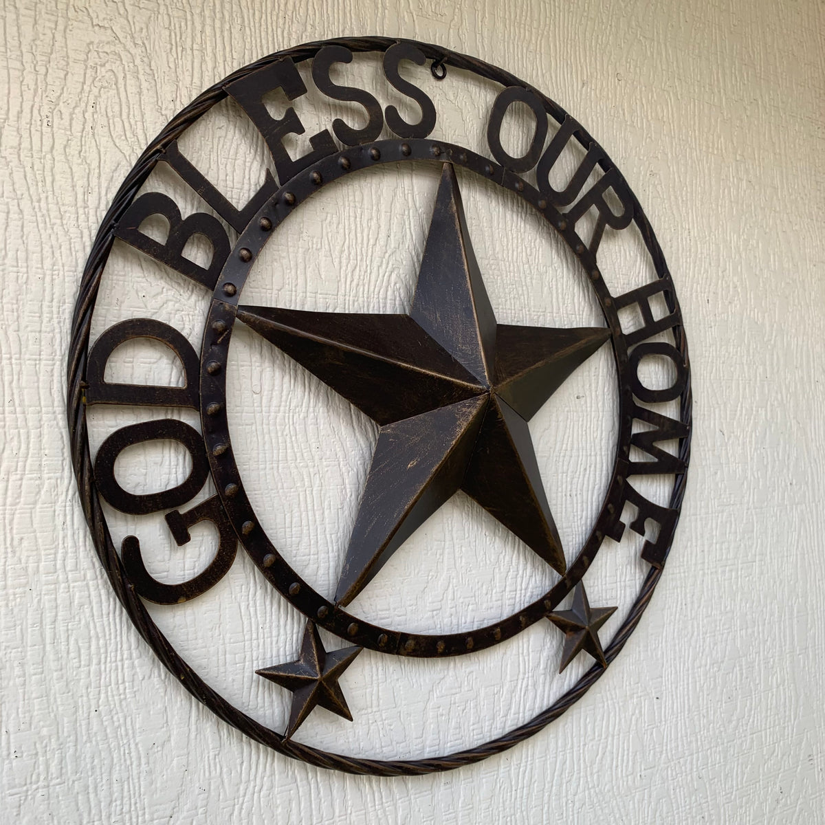 24" GOD BLESS OUR HOME BEADED STAR COLIBROX METAL TWISTED ROPE RING LONE STAR WALL ART WESTERN HOME DECOR RUSTIC DARK BRONZE COPPER HANDMADE NEW