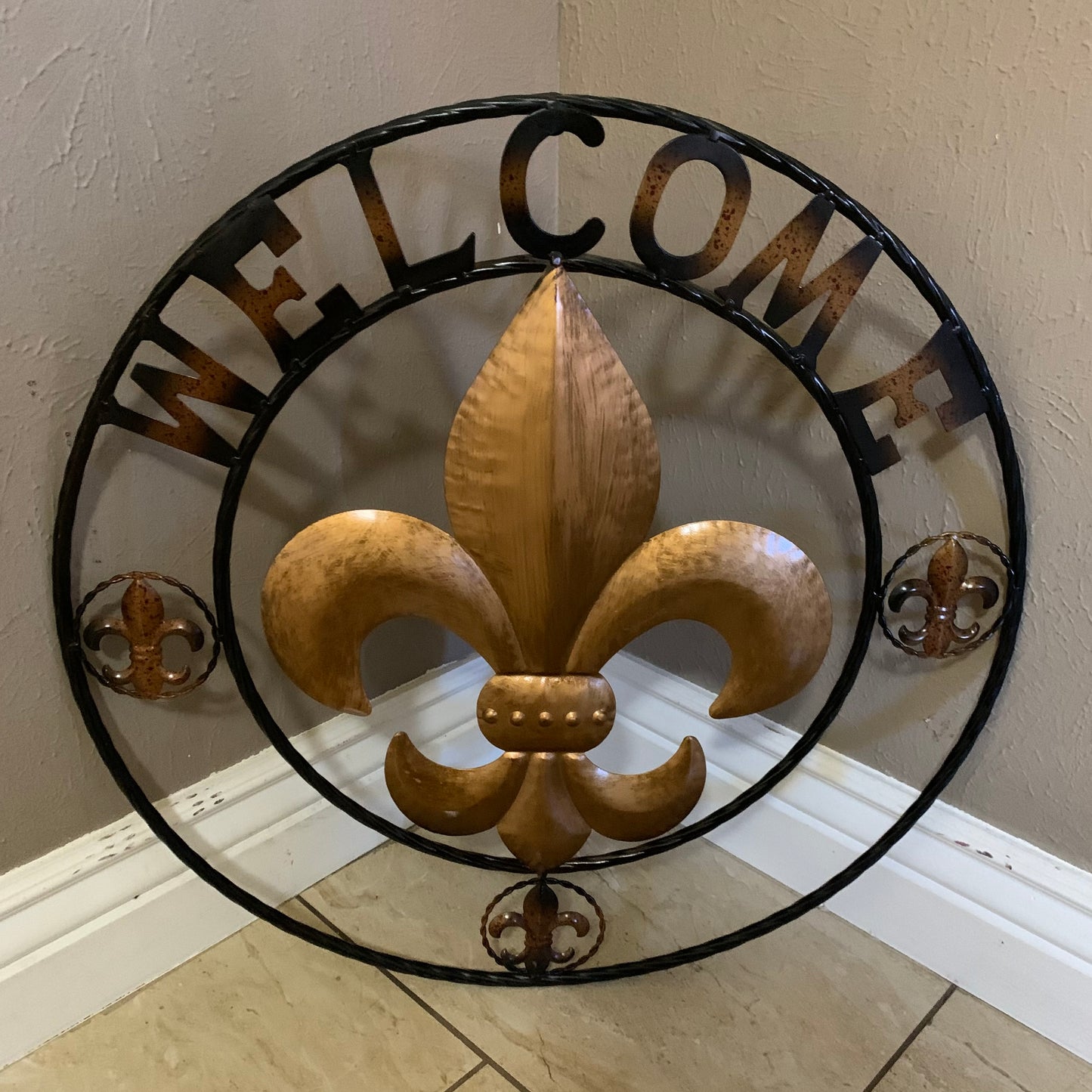 24", 32" WELCOME FLEUR DE LIS METAL WALL ART WESTERN HOME DECOR GOLD & BLACK #EH10251